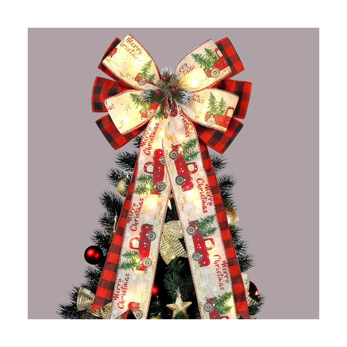 Christmas Tree Topper Bow with 30 LED Lights Decorations, 13”x25” Xmas Large Red Black Buffalo Plaid Rustic Farmhouse Wreath Bows with Truck Berries Pine Cones Pine Needles for Front Door Outdoor