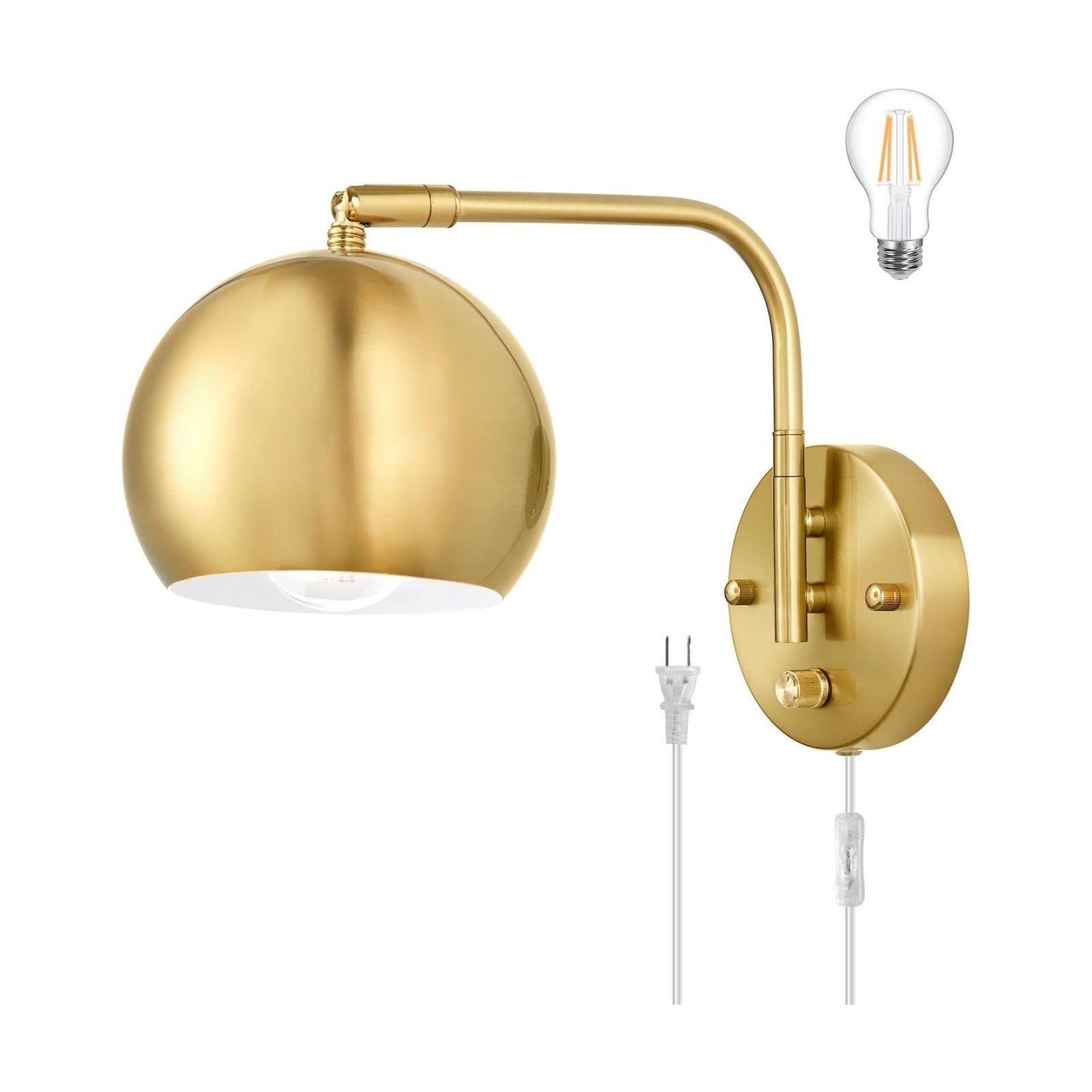 VATONI Plug in Dimmable Wall Sconce Swing Arm Wall Lights with Plug in Cord and Dimmer On/Off Knob Switch, Brushed