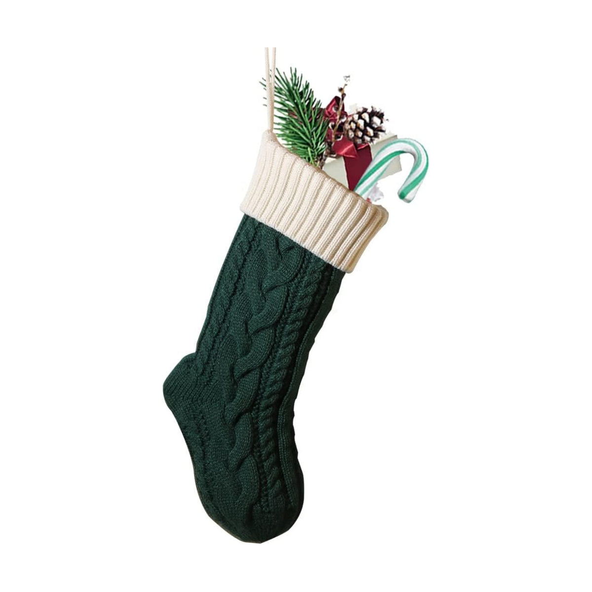 Nanou 18” Knitted Christmas Stockings, 1 Pack, Green Body & Ivory Cuff