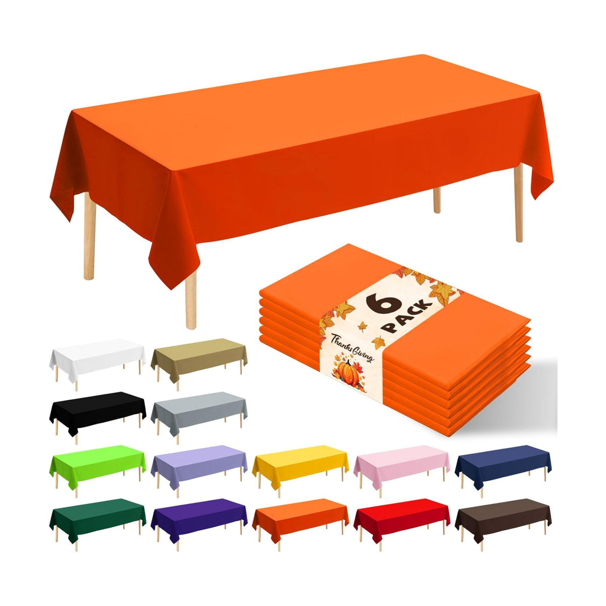 6 Pack Premium Disposable Plastic Tablecloth 54" x 108" Party Table Cloths Disposable for 6 to 8 Foot Tables Indoor or Outdoor Birthdays Weddings Christmas Anniversary Buffet Table (Orange)