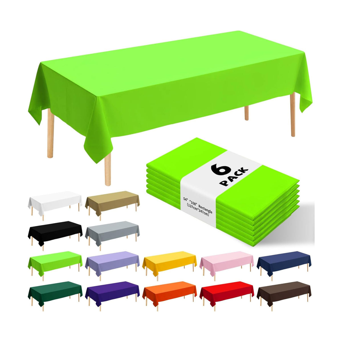 6 Pack Premium Disposable Plastic Tablecloth 54" x 108" Party Table Cloths Disposable for 6 to 8 Foot Tables Indoor or Outdoor Birthdays Weddings Christmas Anniversary Buffet Table (Green)