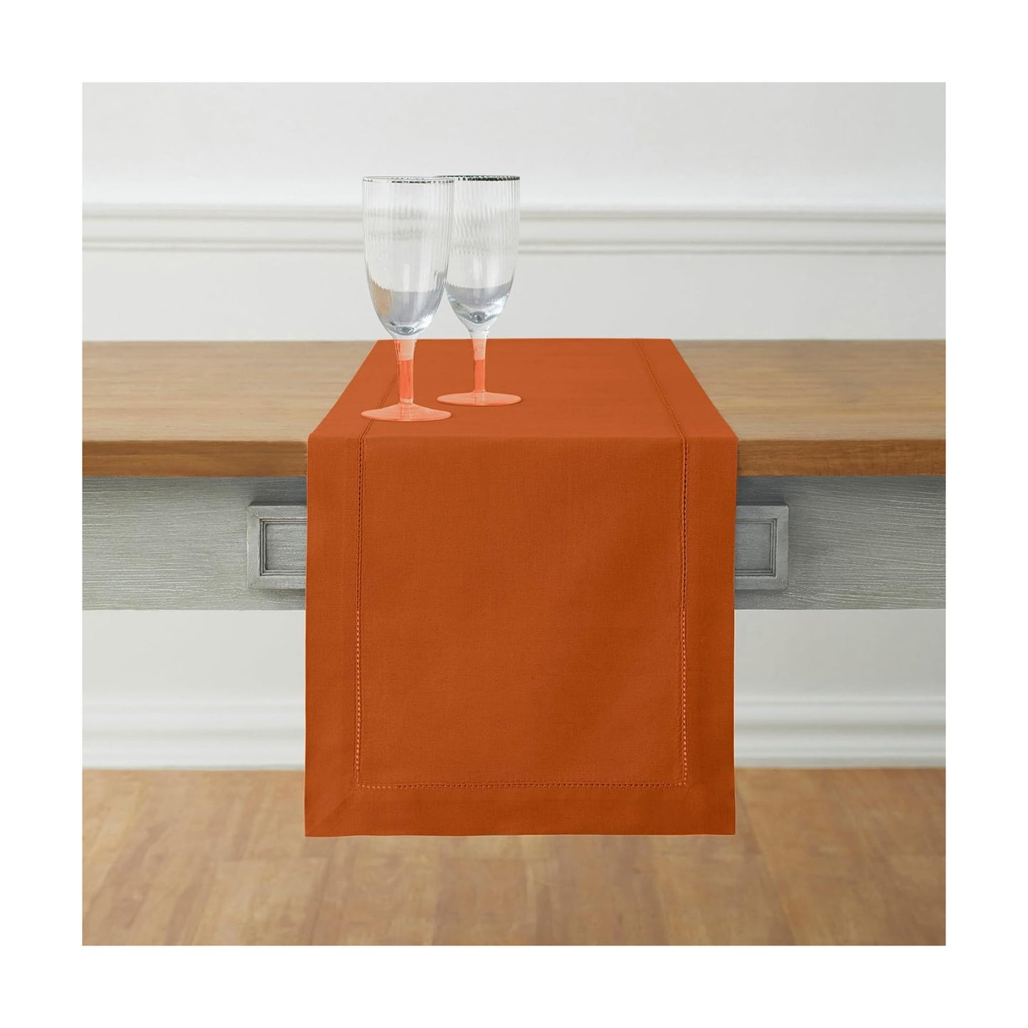 Solino Home Cotton Linen Dining Table Runner Cinnamon Hemstitch, 14 x 90 in | Cotton Linen Hemstitch Table Runners for