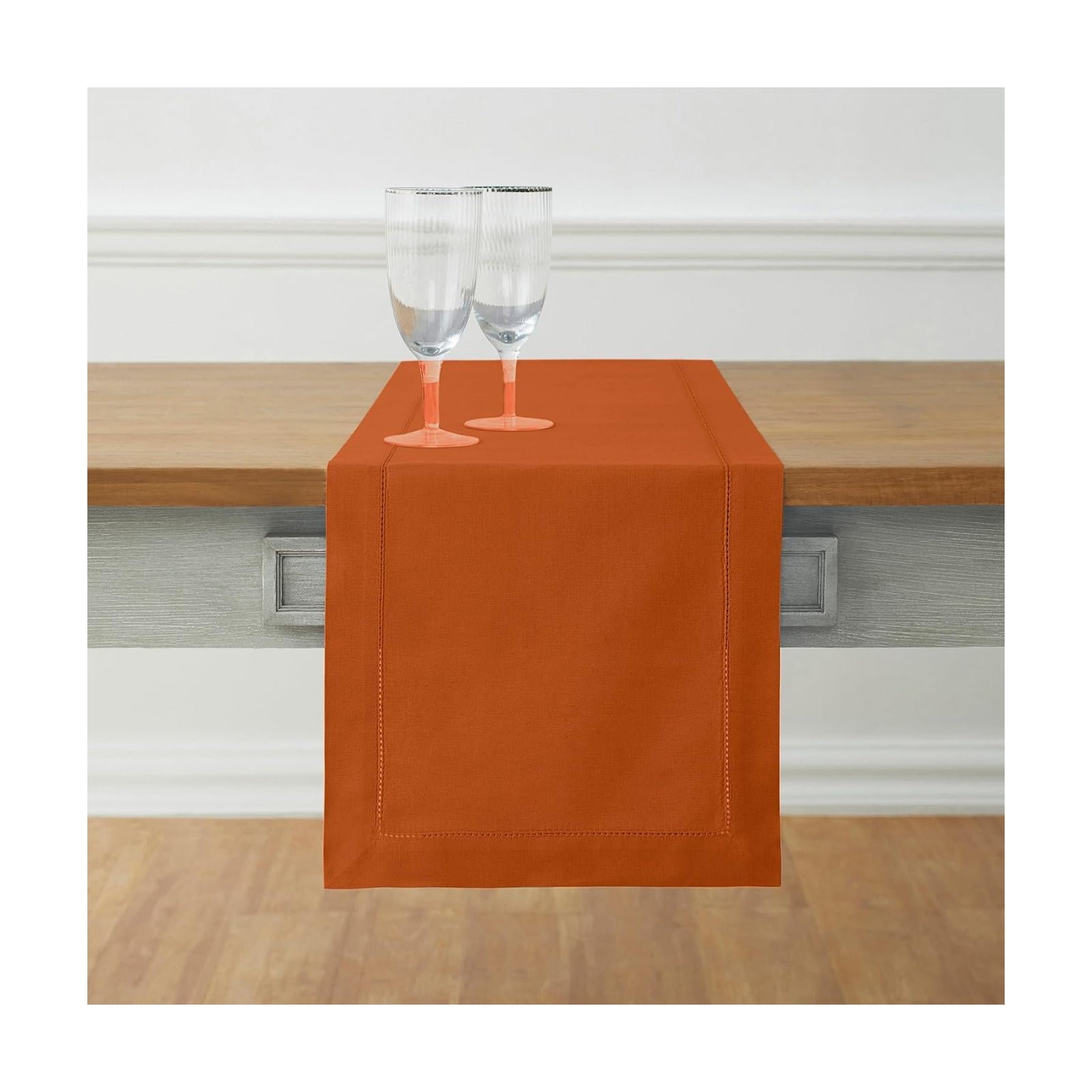 Solino Home Cotton Linen Dining Table Runner Cinnamon Hemstitch, 14 x 90 in | Cotton Linen Hemstitch Table Runners for
