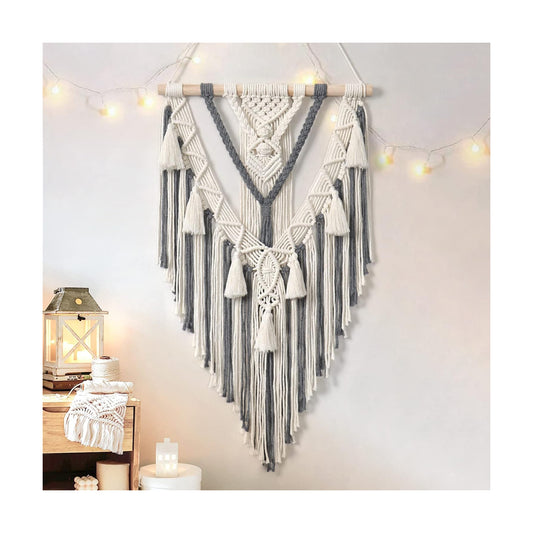 Macrame Woven Wall Hanging Boho Geometric Woven Tapestry Beige & Cotton Handmade Bohemian Art / Grey