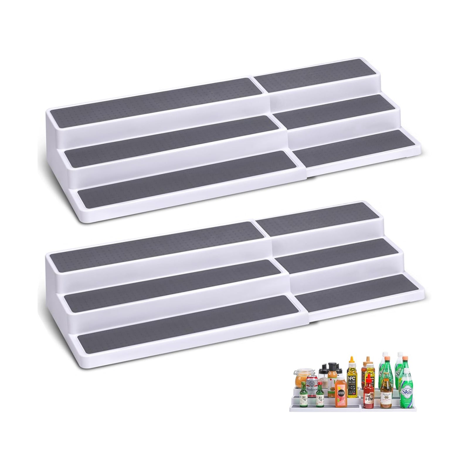 CiWiVOKi 3 Tier Expandable Spice Rack Organizer, White/Grey Plastic Spice Rack, Adjustable Length 14.6In-25.8In, 2 Pack