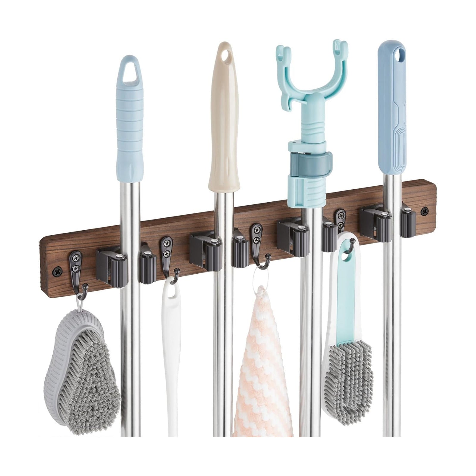 OUTNILI Mop and Broom Holder Wall Mount - Wood Broom Mop Hanger - Wall Mounted Garden Tool Rack Organizer for Closet