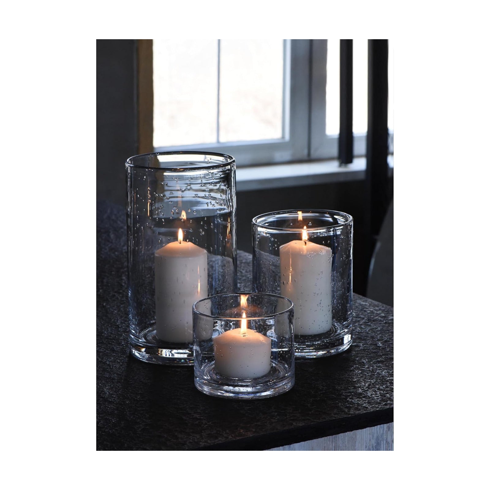 Hurricane Candle Holders Glass Cylinders Set of 3 (10" 7" 4") | Clear Seeded Bubbles, Cylinder Vases For Pillar