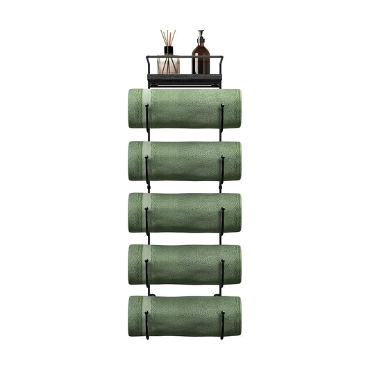 Sorbus Wall Towel Rack, 5-Tier Wood Shelf, Wall Mounted (Black) | Five-tier metal holder for rolled bath towels