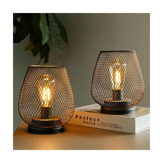 TRIROCKS Set of 2 Medium Battery Powered Outdoor Lantern 6.5'' High Metal Table Lamp Cordless Battery Operated Lamps