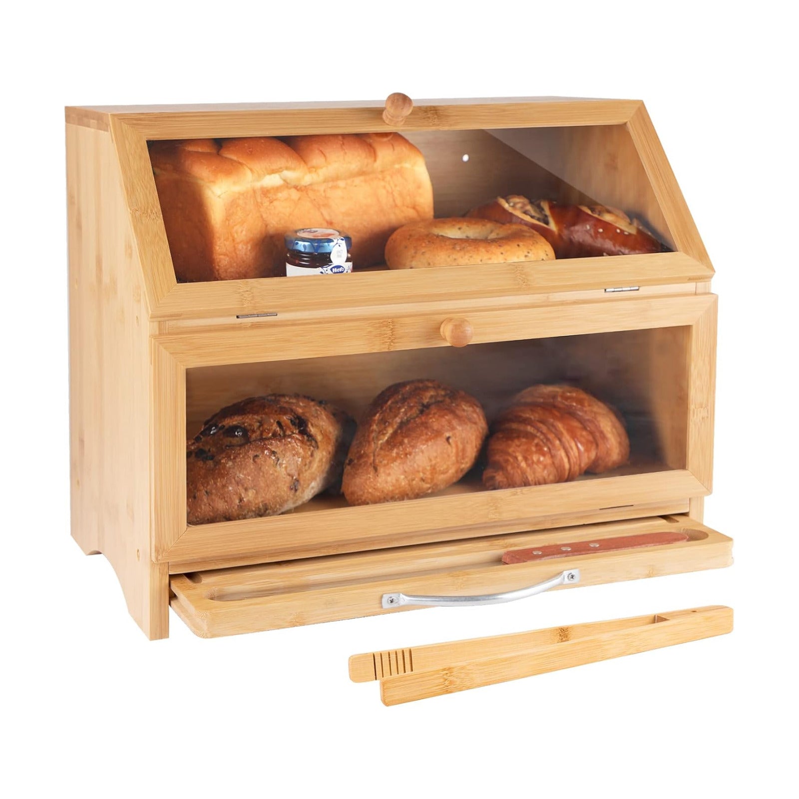 MAISONPEX Double Layer Bamboo Bread Box for Kitchen Countertop, Cutting Board, and Stainless Steel Bread Knife, Large