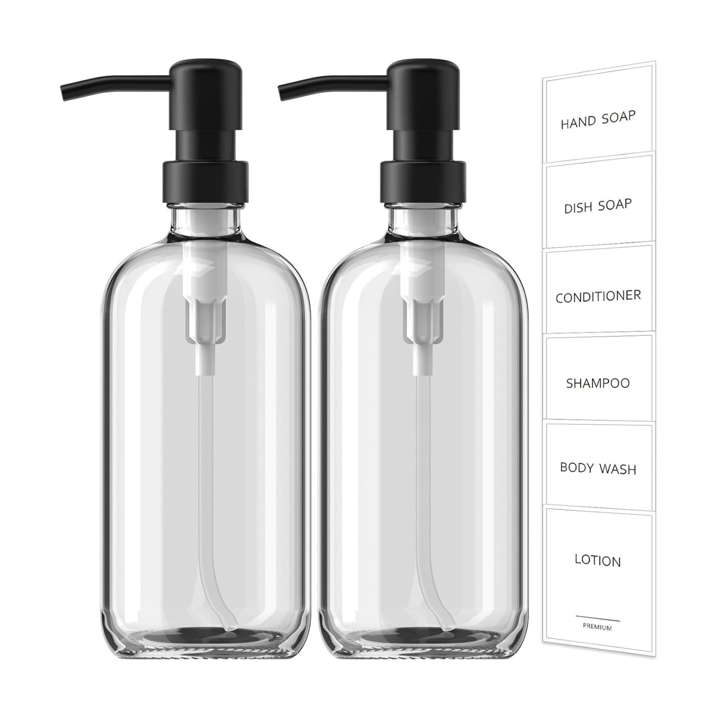 GMISUN Glass Soap Dispenser with Pump, 2 Pack Clear Bathroom Hand Soap Dispenser with Stainless Steel Pump, 17 Fl Oz