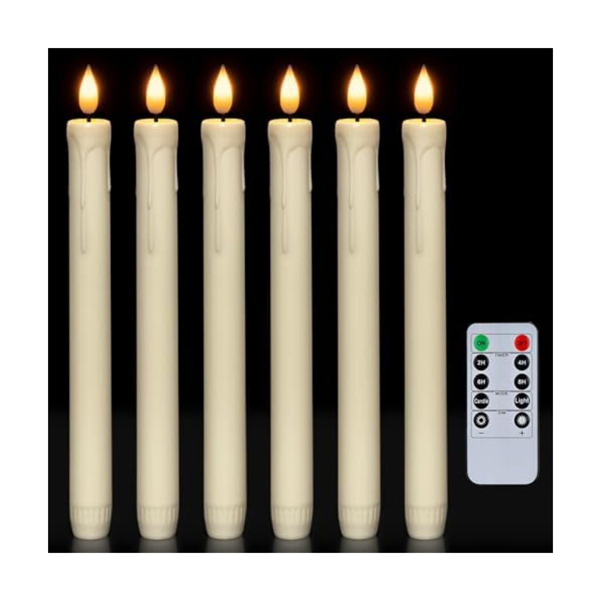 Homemory 6 Pcs Flameless Taper Candles with Remote, Timer, Dimmer, Ivory Battery Operated CandleSticks with Flickering Light, Plastic Led Window Candles, 9.6 Inches for Halloween Christmas Decoration