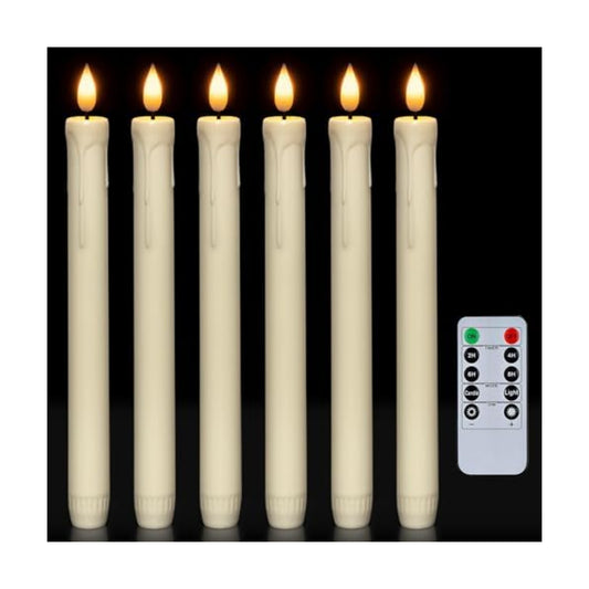 Homemory 6 Pcs Flameless Taper Candles with Remote, Timer, Dimmer, Ivory Battery Operated CandleSticks with Flickering Light, Plastic Led Window Candles, 9.6 Inches for Halloween Christmas Decoration