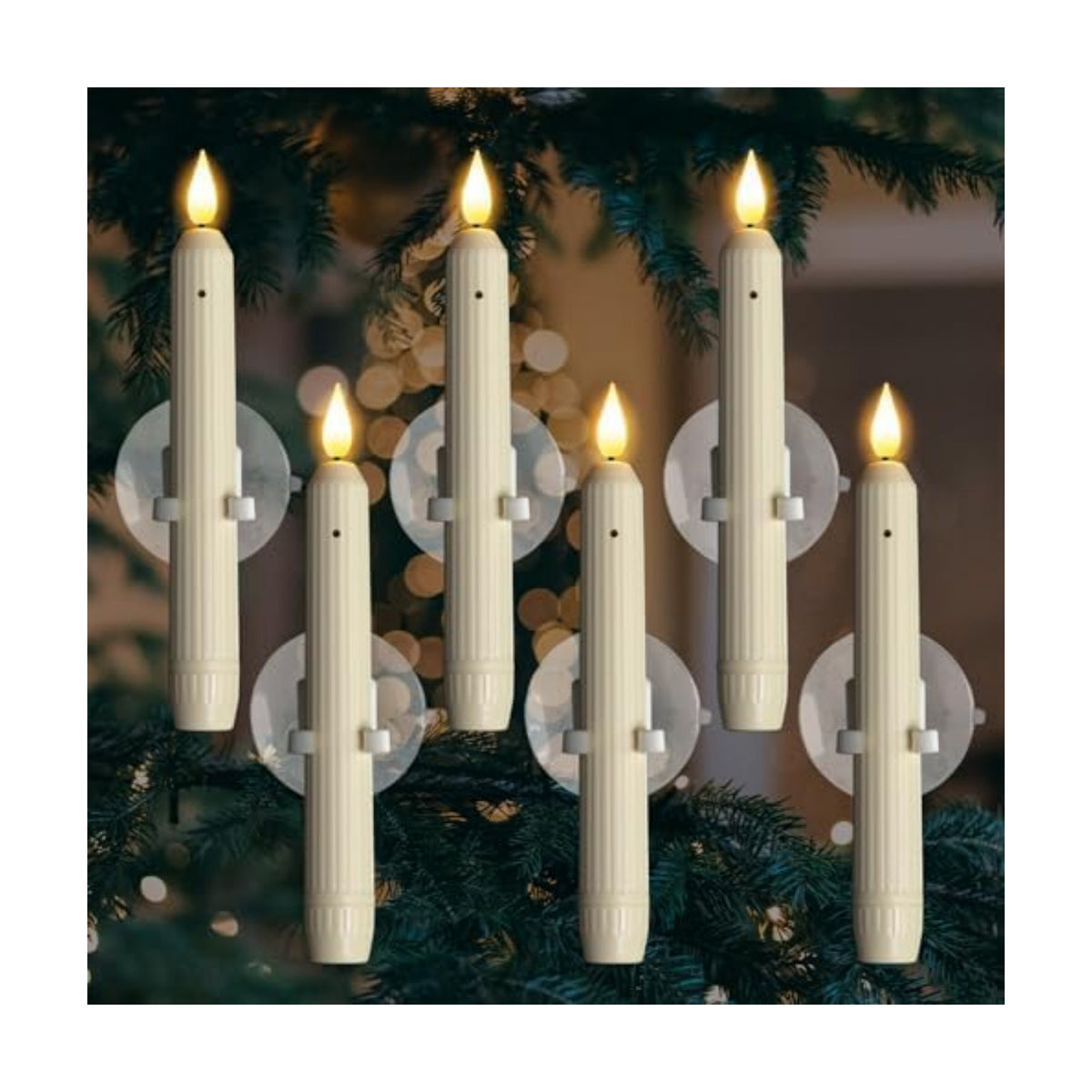 Homemory 6 Pcs Window Candles with Sensor Dusk to Dawn, Ivory Striped Candlesticks with Suction Cups, Roman Column Christmas Window Candle Battery Operated, Flameless Led Taper Candles for Windows