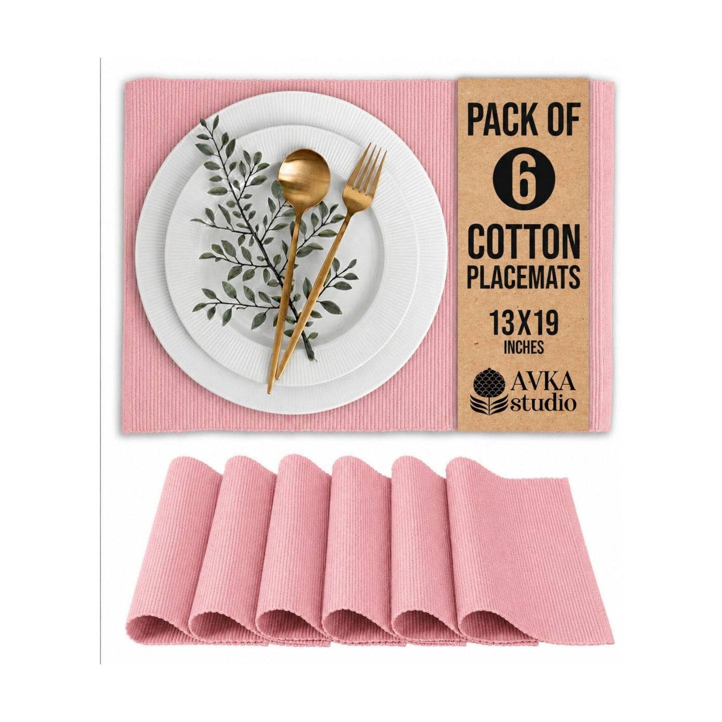 100% Cotton Ribbed Placemats - Set of 6-13 x 19 Inches - Dull Pink - Everyday Basic Cloth Table Mats - Thick