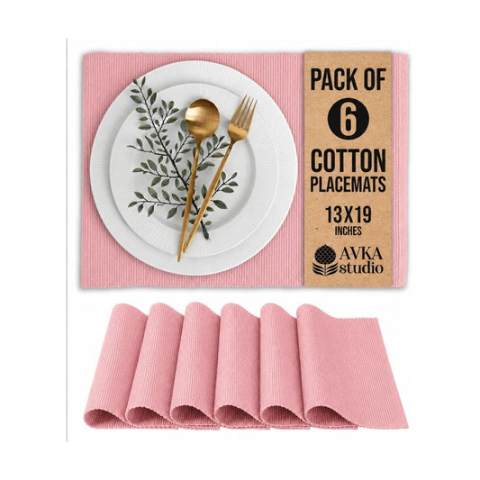 100% Cotton Ribbed Placemats - Set of 6-13 x 19 Inches - Dull Pink - Everyday Basic Cloth Table Mats - Thick