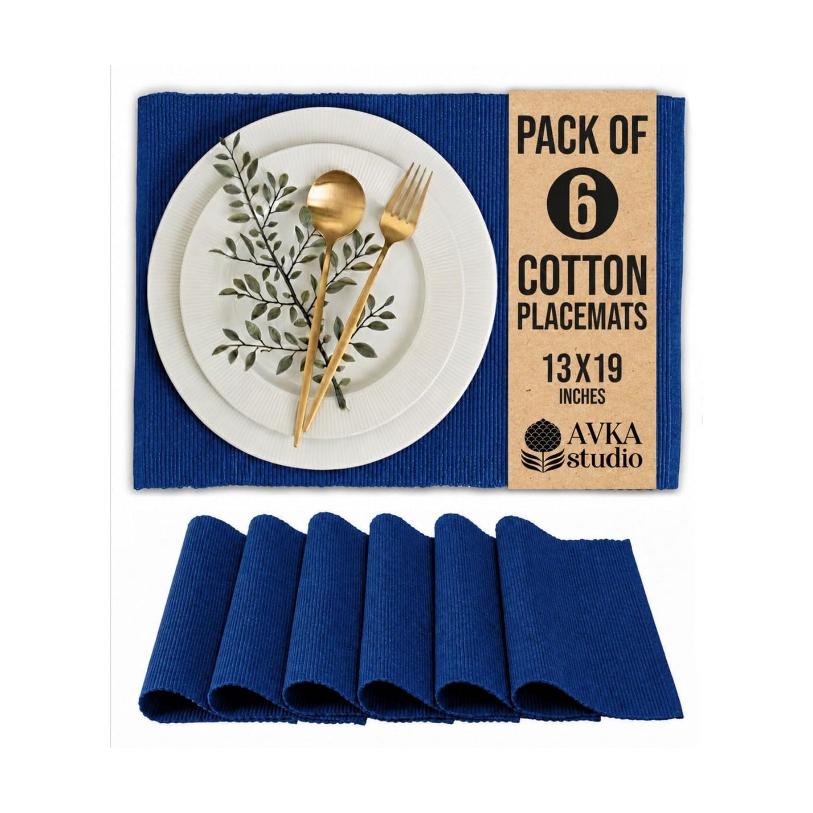 100% Cotton Ribbed Placemats - Set of 6-13 x 19 Inches - Royal Blue - Everyday Cloth Table Mats - Thick Construction