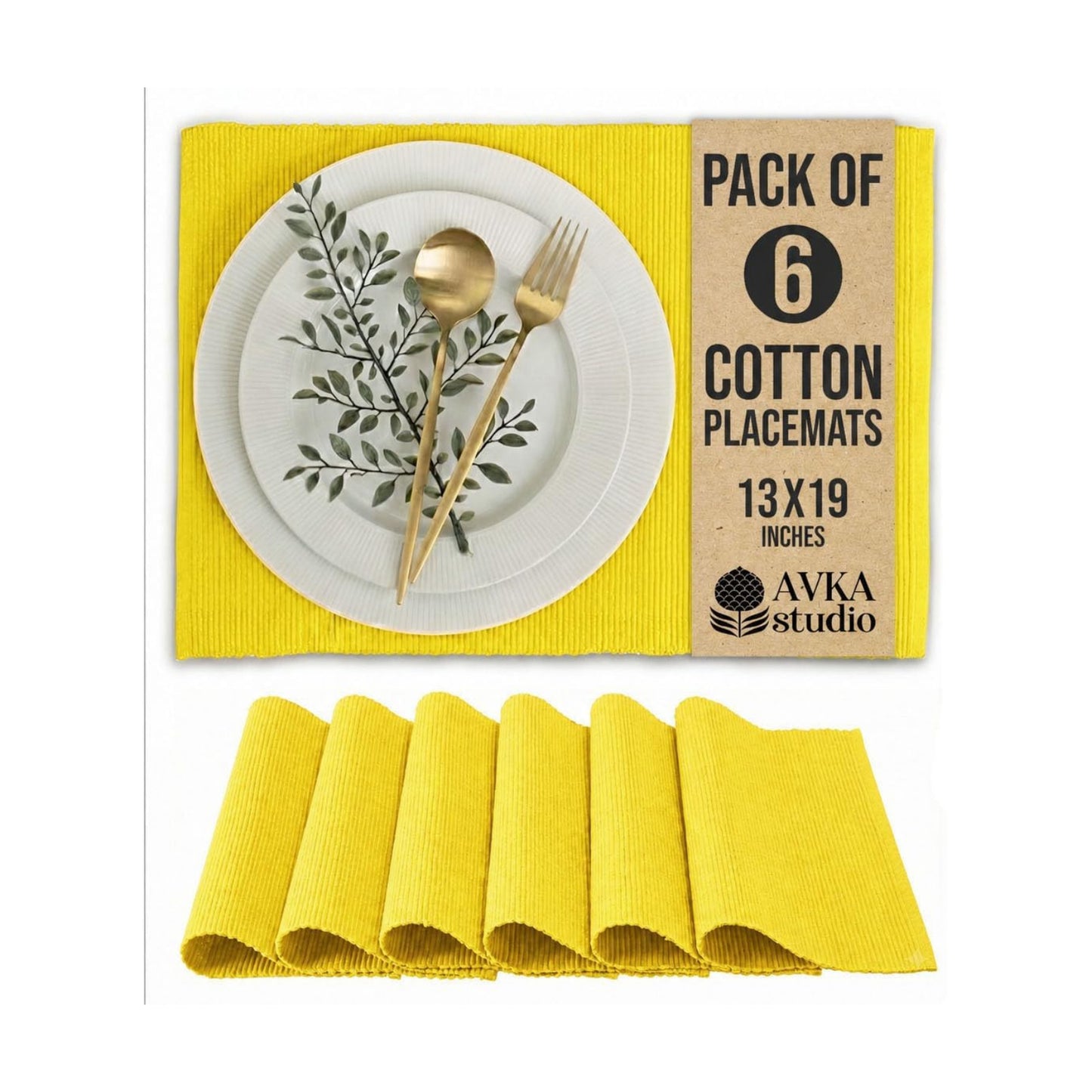 100% Cotton Ribbed Placemats - Set of 6-13 x 19 Inches - Yellow - Everyday/Thanksgiving/Fall Thick Construction Fabric