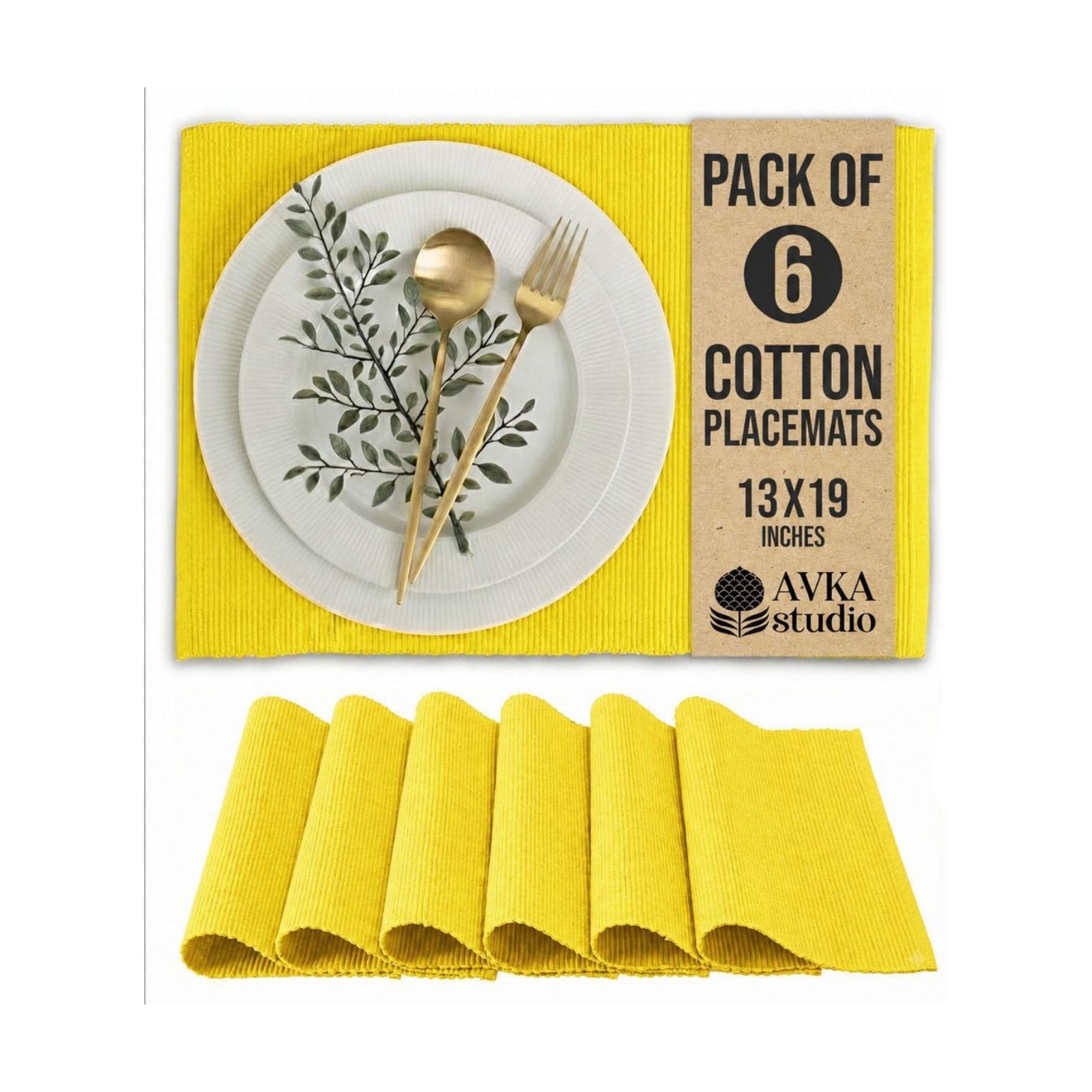 100% Cotton Ribbed Placemats - Set of 6-13 x 19 Inches - Yellow - Everyday/Thanksgiving/Fall Thick Construction Fabric