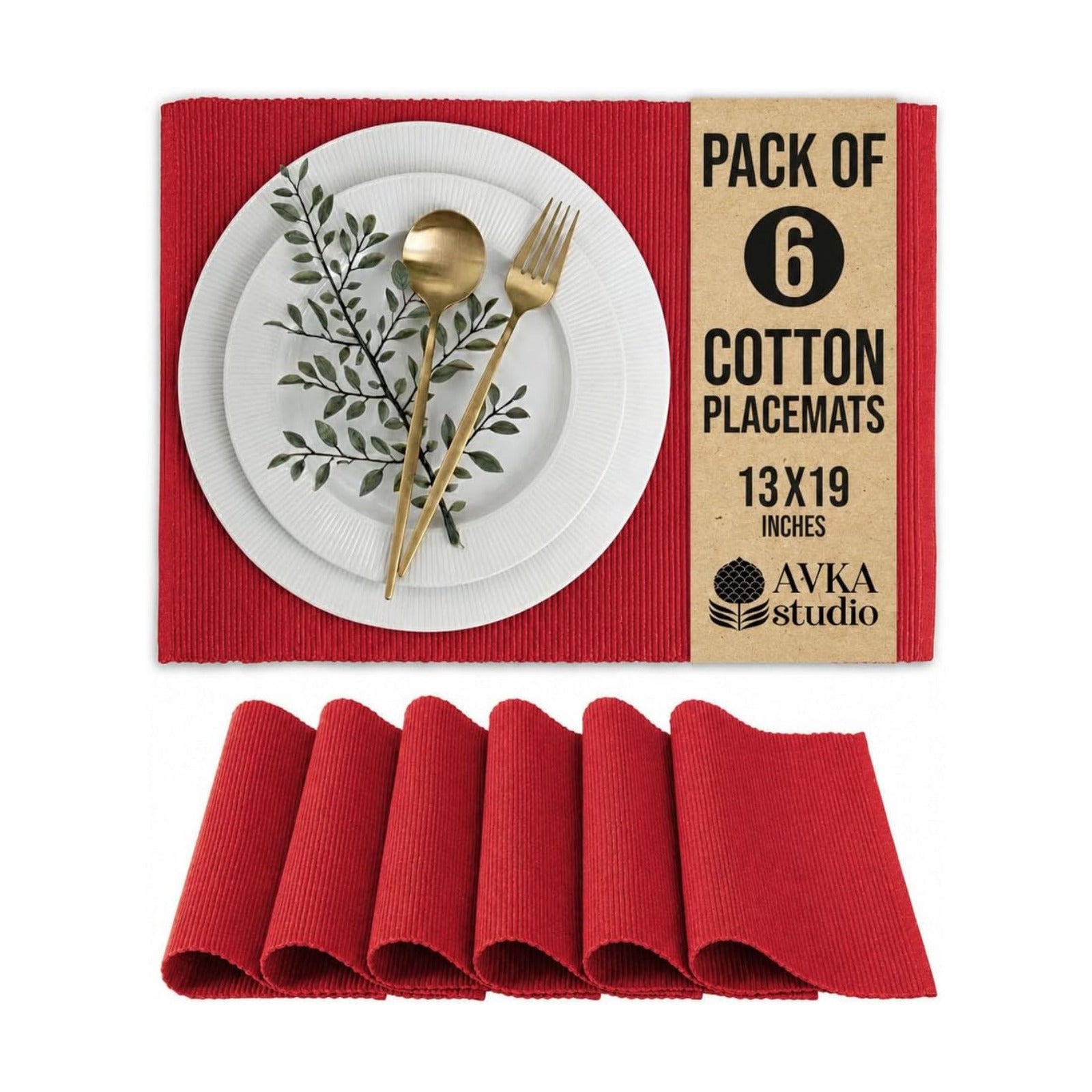 100% Cotton Ribbed Placemats - Set of 6-13 x 19 Inch - Red - Everyday/Christmas Fabric Table Mats - Thick Construction