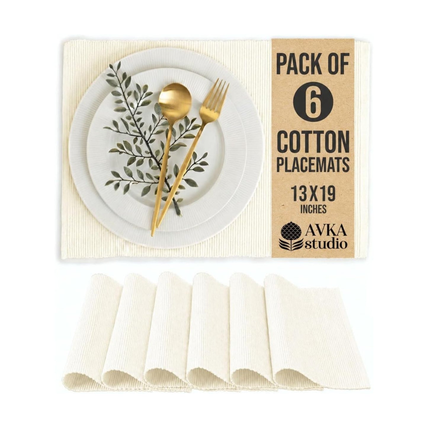 100% Cotton Ribbed Placemats - Set of 6-13 x 19 Inches - Off White - Everyday Cloth Table Mats - Thick Construction
