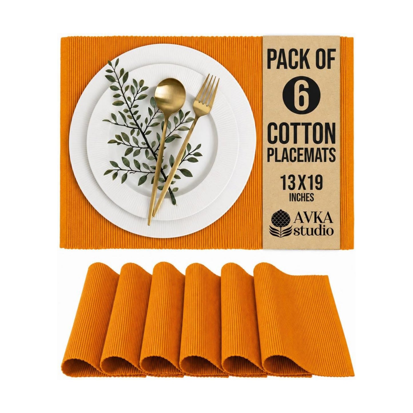 100% Cotton Ribbed Placemats - Set of 6-13 x 19 Inches - Orange - Everyday/Fall/Thanksgiving/Halloween Cloth Table Mats