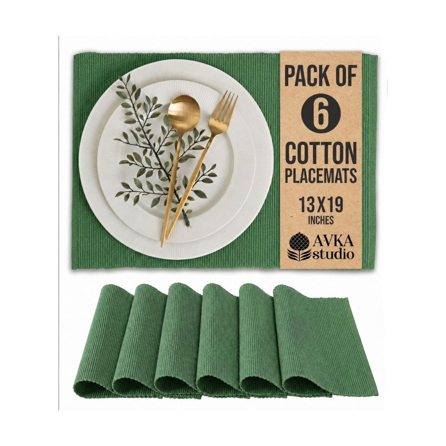 100% Cotton Ribbed Placemats - Set of 6-13 x 19 Inches - Green - Everyday/Christmas Cloth Table Mats - Thick