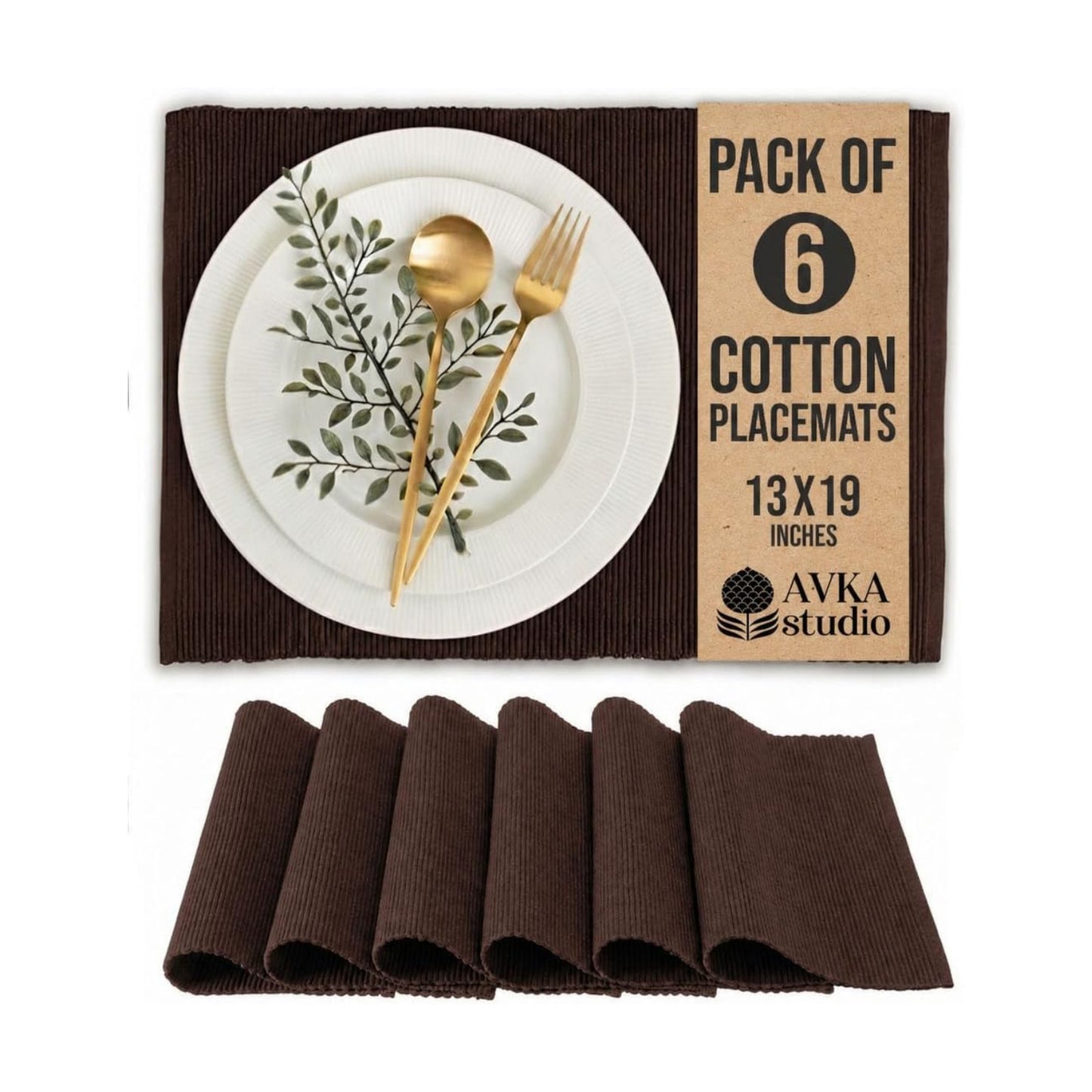 100% Cotton Ribbed Placemats - Set of 6-13 x 19 Inches - Brown - Everyday/Thanksgiving/Fall Cloth Table Mats - Thick