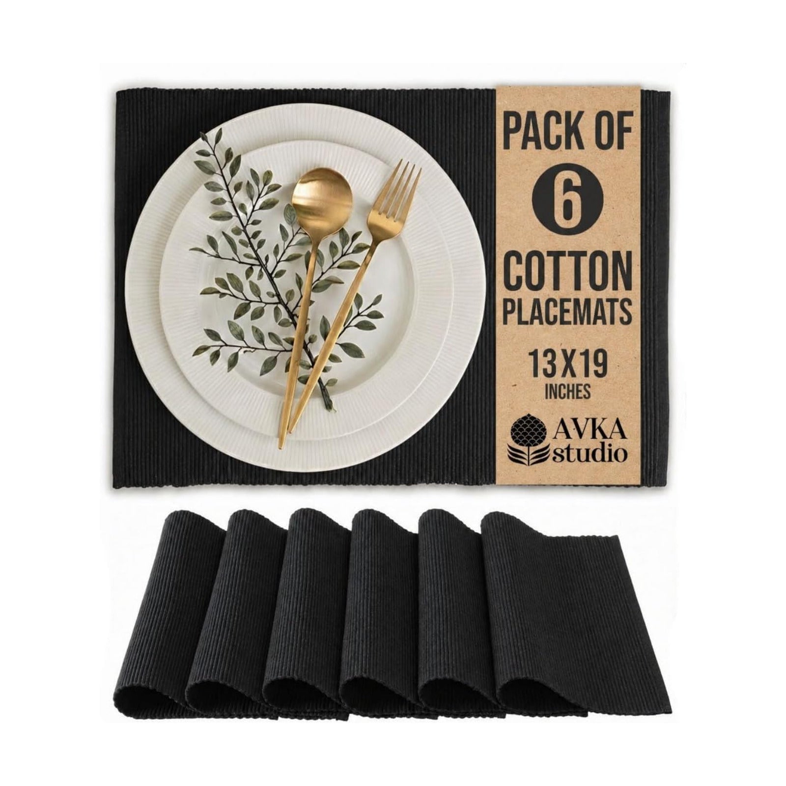 100% Cotton Ribbed Placemats - Set of 6-13 x 19 Inches - Black - Everyday Cloth Table Mats - Thick Construction