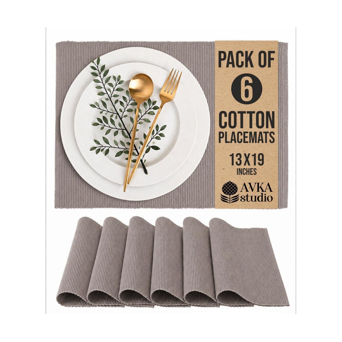 100% Cotton Ribbed Placemats - Set of 6-13 x 19 Inches - Taupe - Everyday Cloth Table Mats - Thick Construction