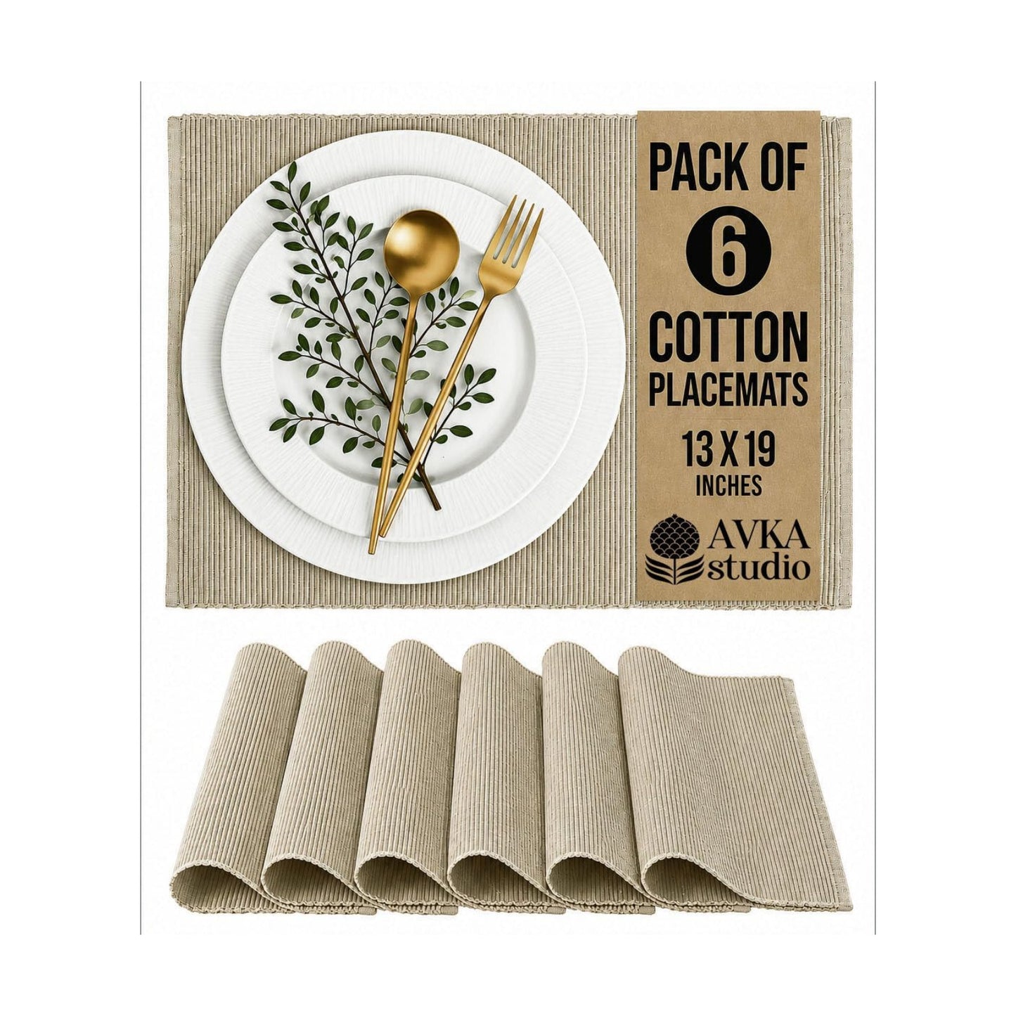 100% Cotton Ribbed Placemats - Set of 6-13 x 19 Inches - Beige - Everyday Cloth Table Mats - Thick Construction