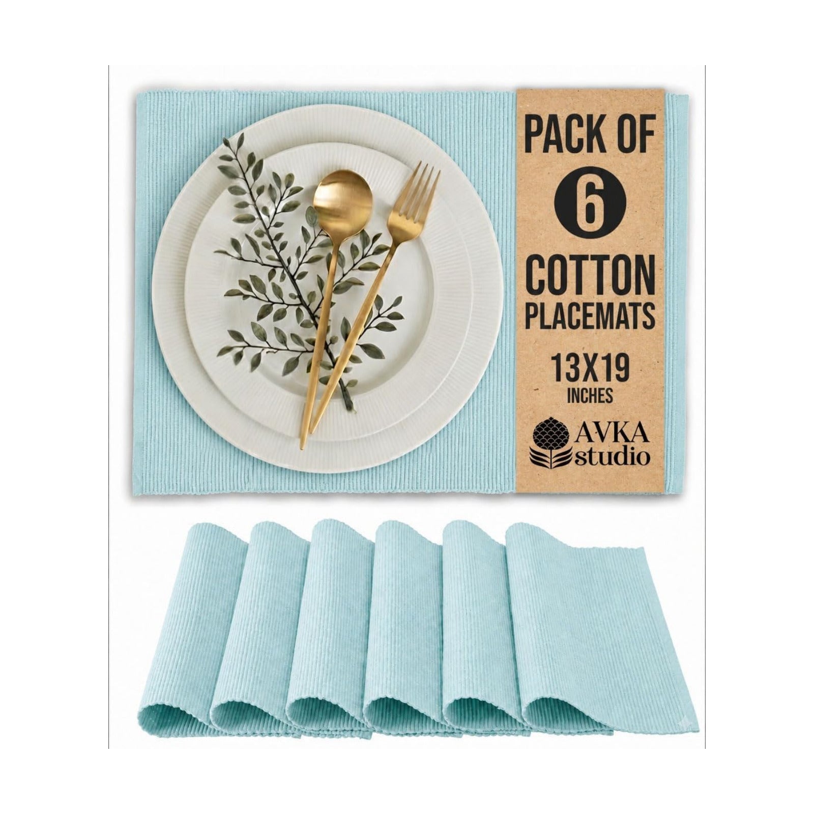 100% Cotton Ribbed Placemats - Set of 6-13 x 19 Inches - Light Blue - Everyday Cloth Table Mats - Thick Construction