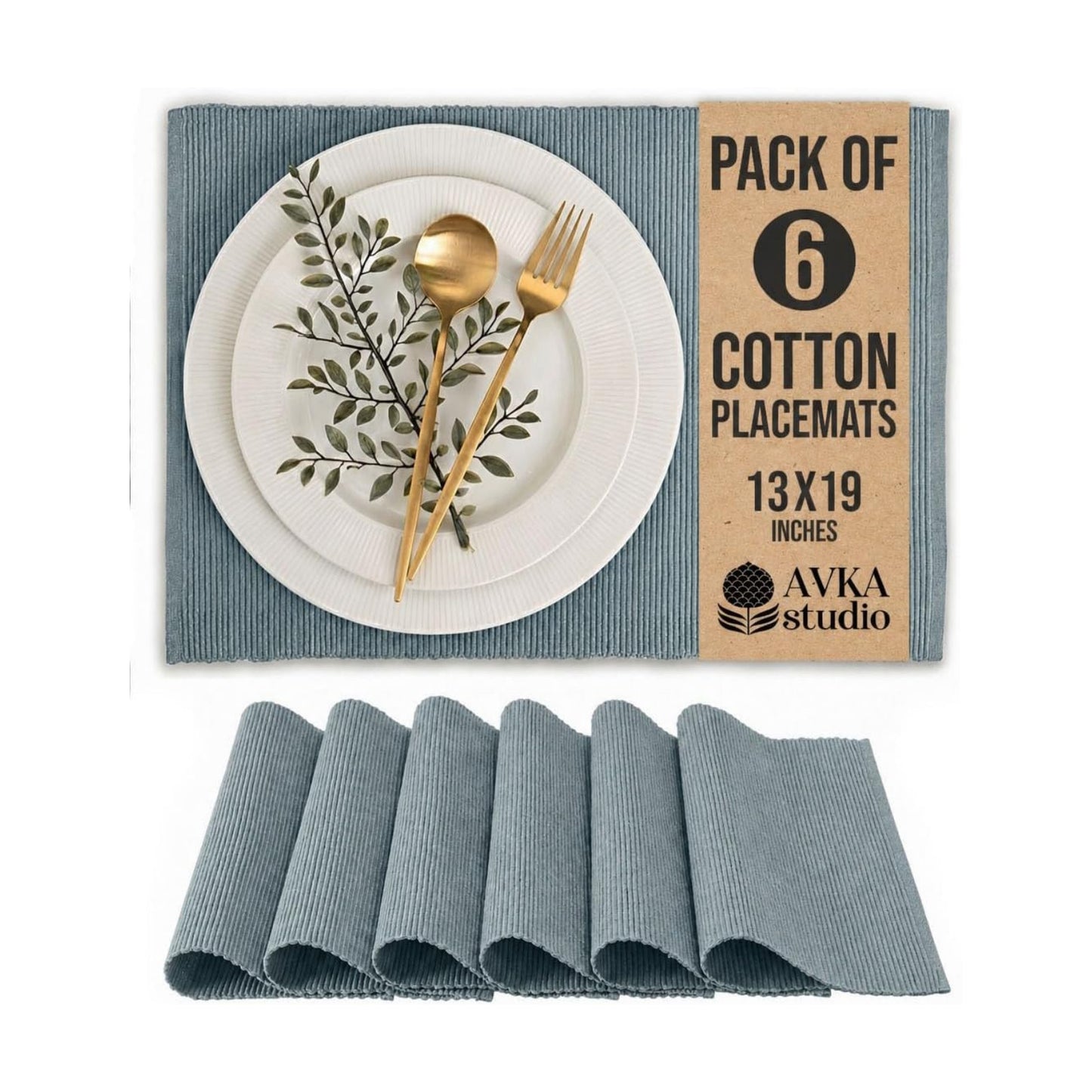 100% Cotton Ribbed Placemats - Set of 6-13 x 19 Inches - Grey - Everyday Cloth Table Mats - Thick Construction
