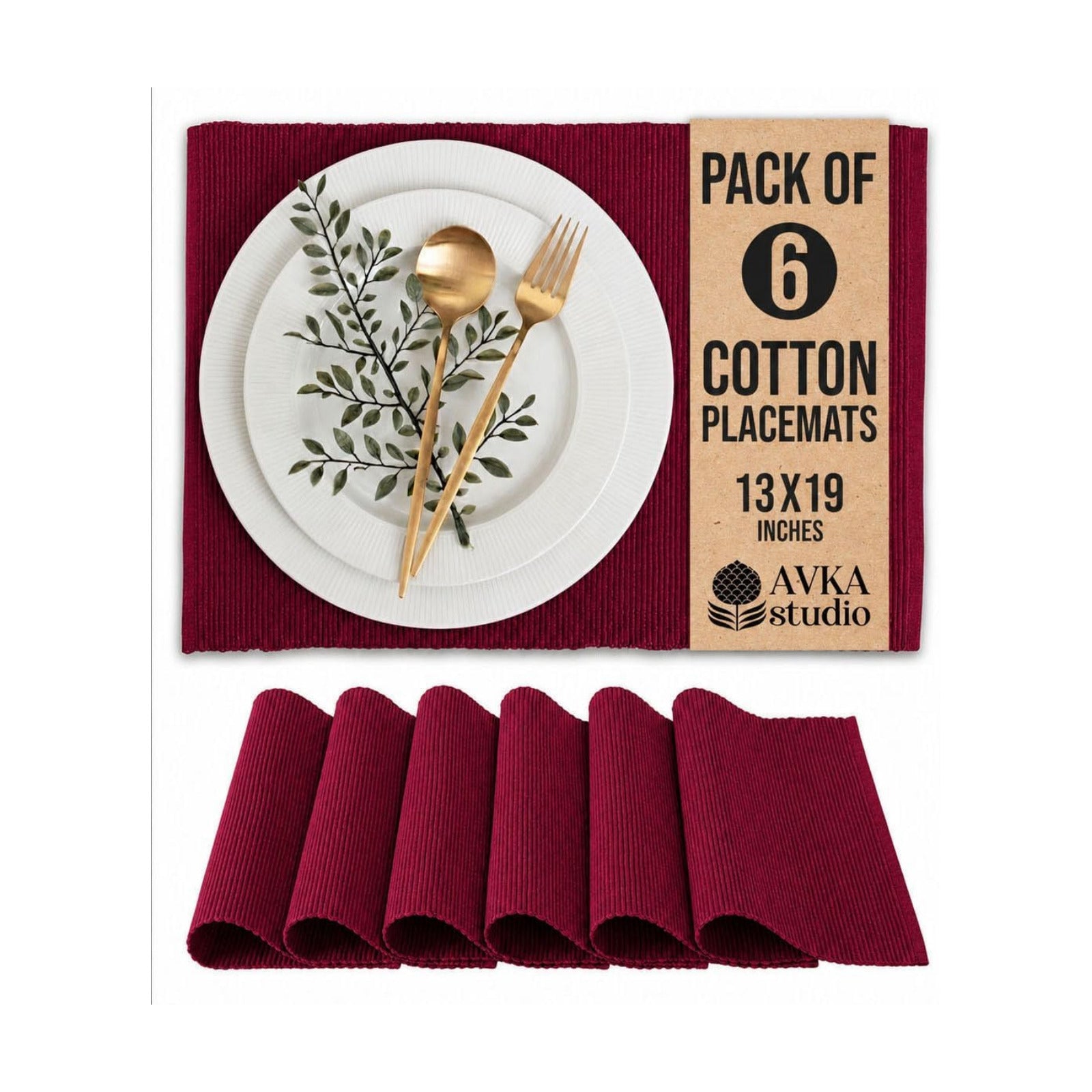 100% Cotton Ribbed Placemats - Set of 6-13 x 19 Inches - Maroon/Burgundy/Dark Red - Everyday/Fall Cloth Table Mats