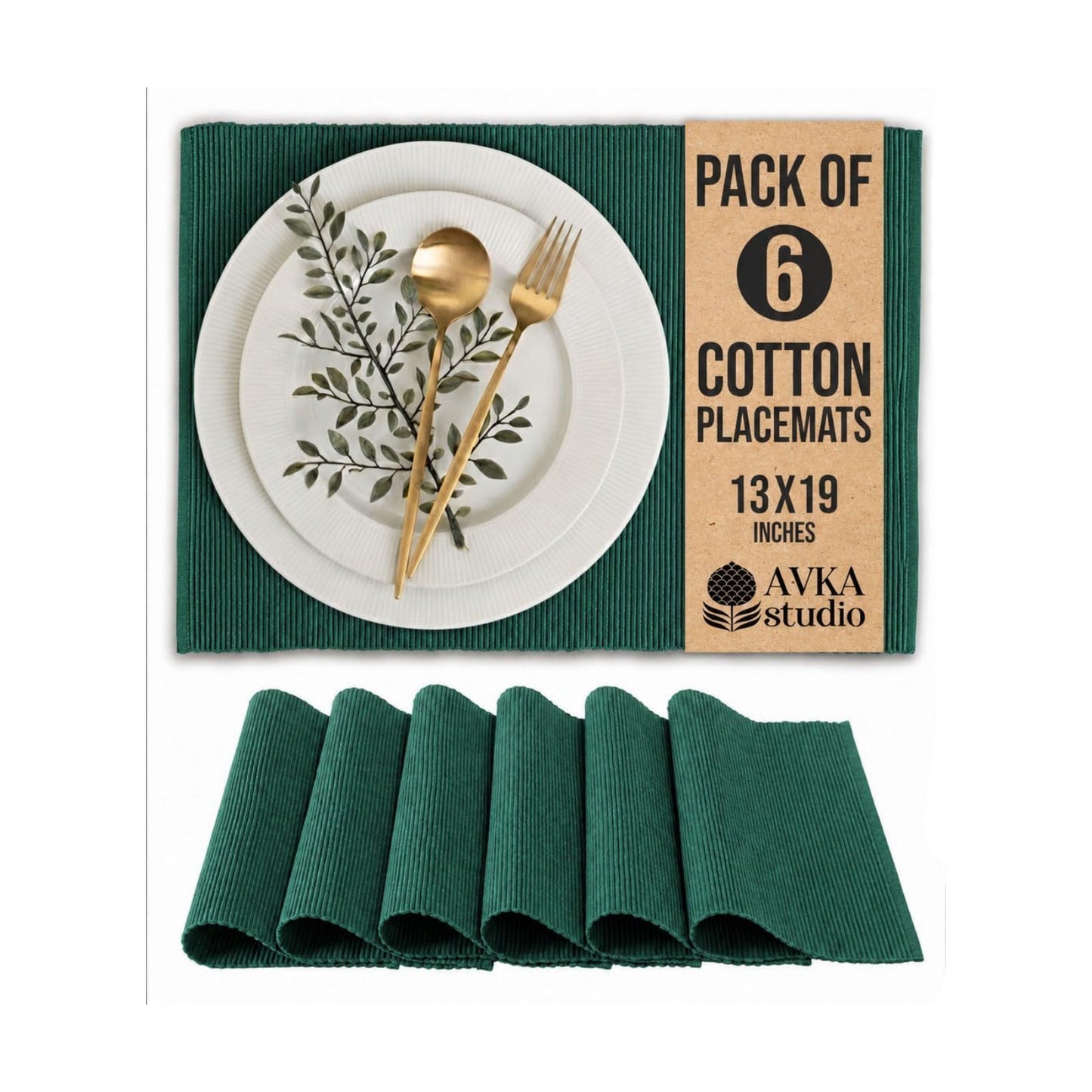 100% Cotton Ribbed Placemats - Set of 6-13 x 19 Inches - Peacock Green - Everyday Cloth Table Mats - Thick