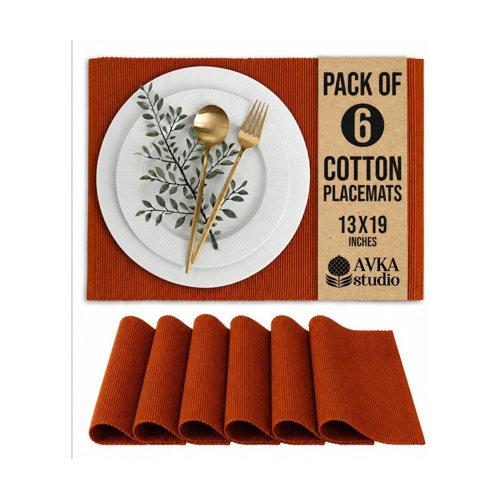 100% Cotton Ribbed Placemats - Set of 6-13 x 19 Inches - Rust/Burnt Orange - Everyday/Thanksgiving/Fall - Thick