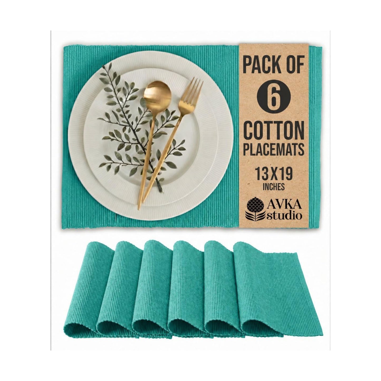 100% Cotton Ribbed Placemats - Set of 6-13 x 19 Inches - Turquoise Blue - Everyday Cloth Table Mats - Thick