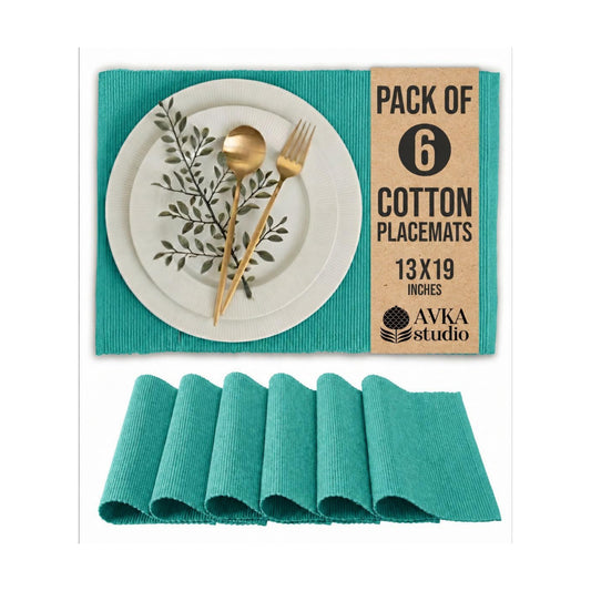 100% Cotton Ribbed Placemats - Set of 6-13 x 19 Inches - Turquoise Blue - Everyday Cloth Table Mats - Thick