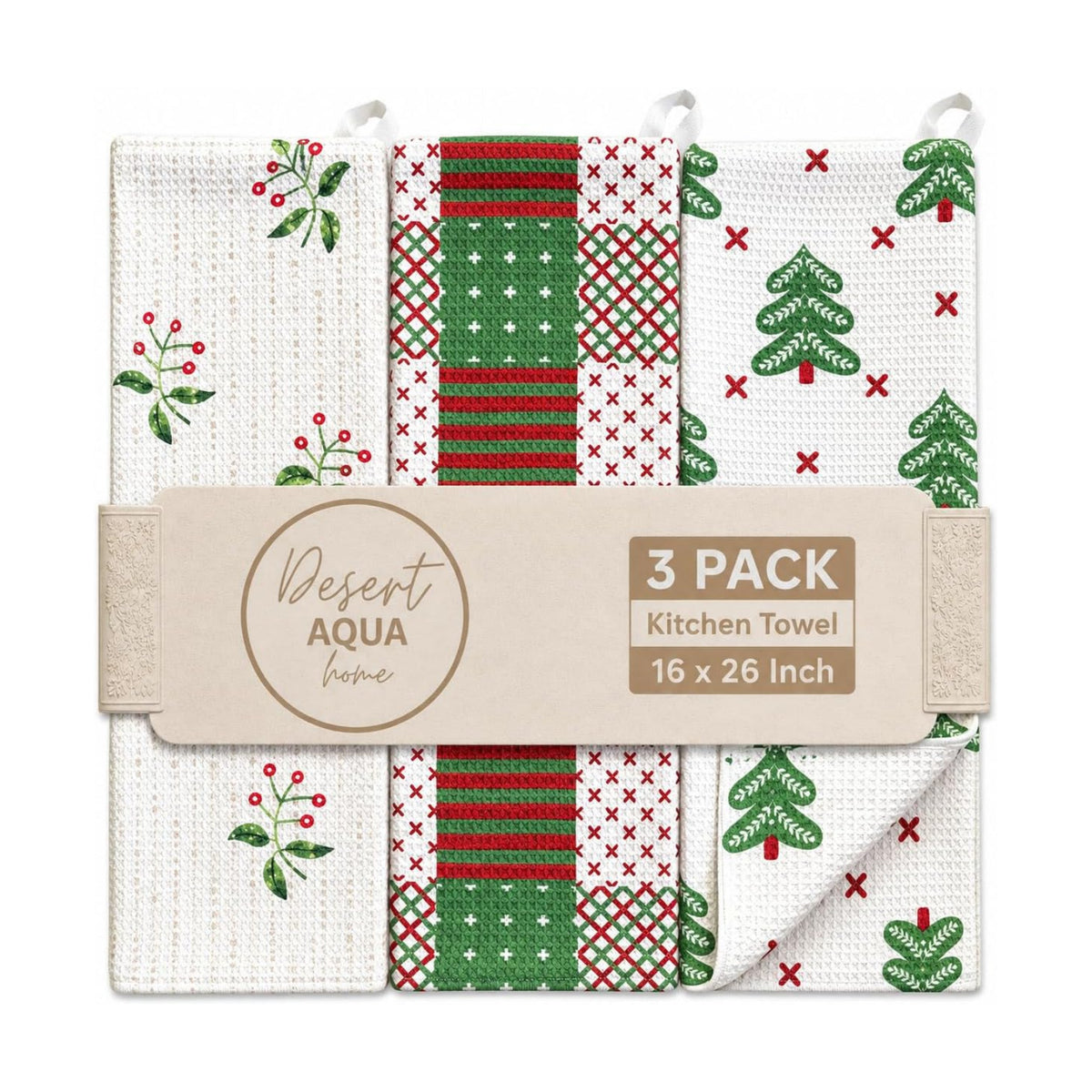 3 Pack|| Double Sided Dish Towels || Waffle Weave Microfiber || Highly Absorbent || Hanging Loop || Dish Cloths || Modern || Designer Prints || Lights (Christmas Quilt)