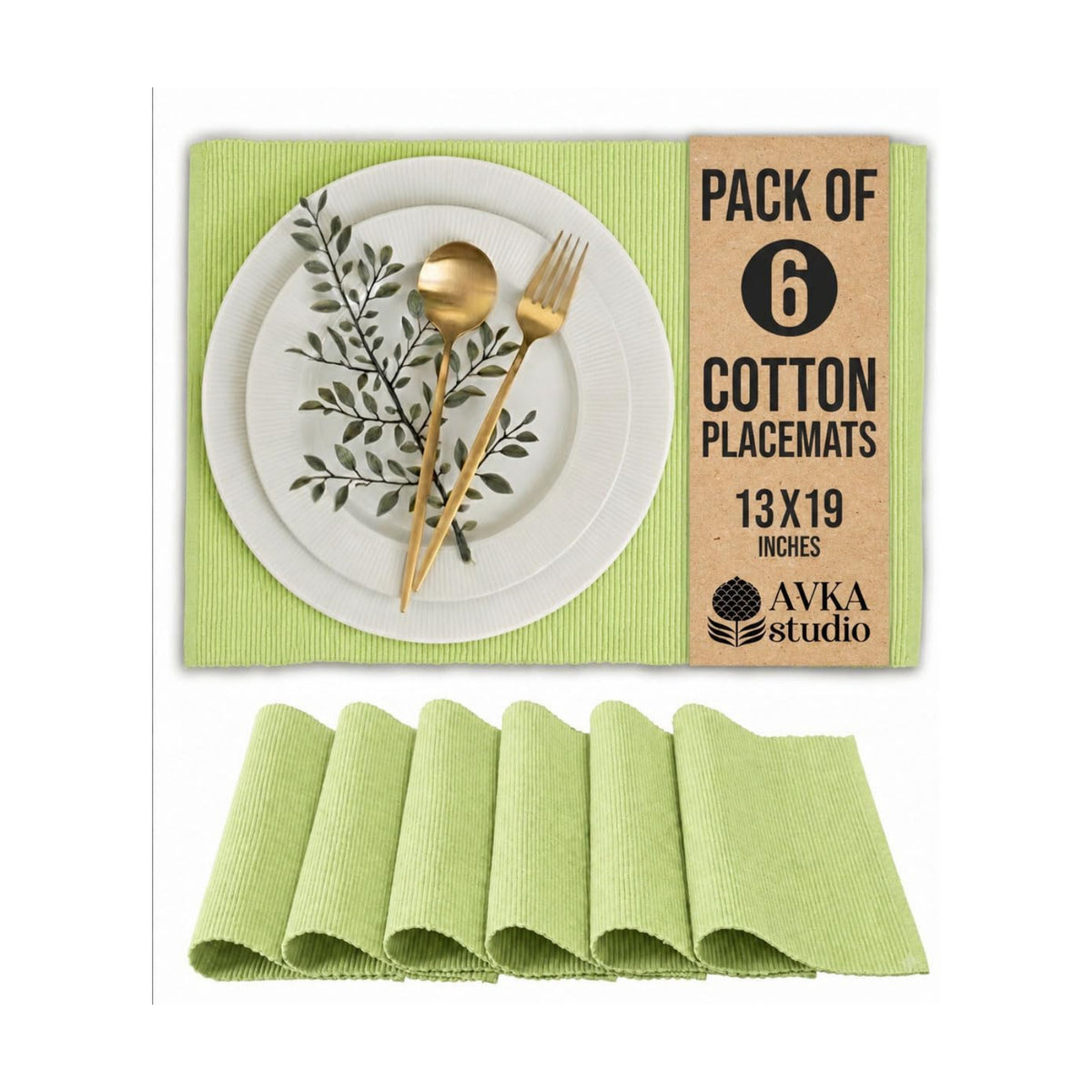 100% Cotton Ribbed Placemats - Set of 6-13 x 19 Inches - Light Lime Green - Everyday Cloth Table Mats - Thick