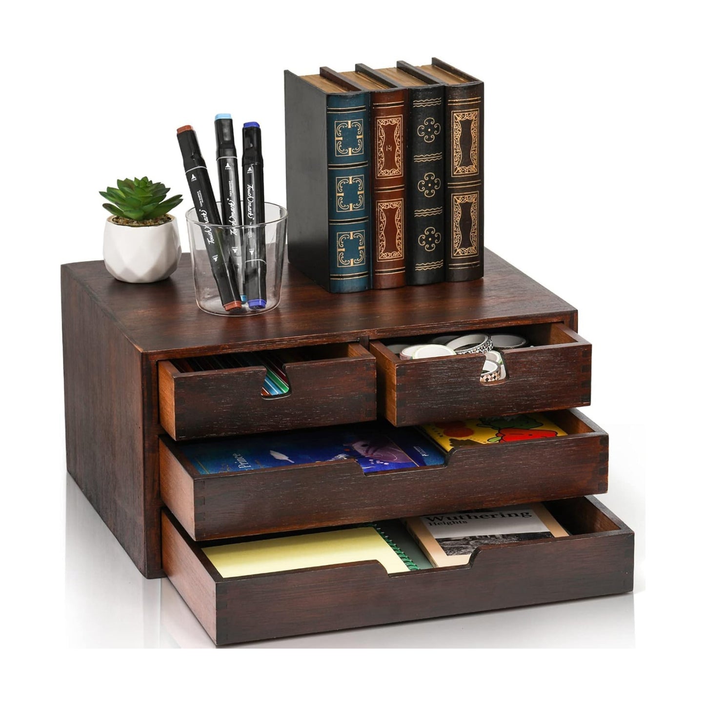 Bamboo Desk Organizer, 100% Natural Bamboo Desktop Drawer Organizer, Dark Brown Tabletop Storage Cabinet Organization