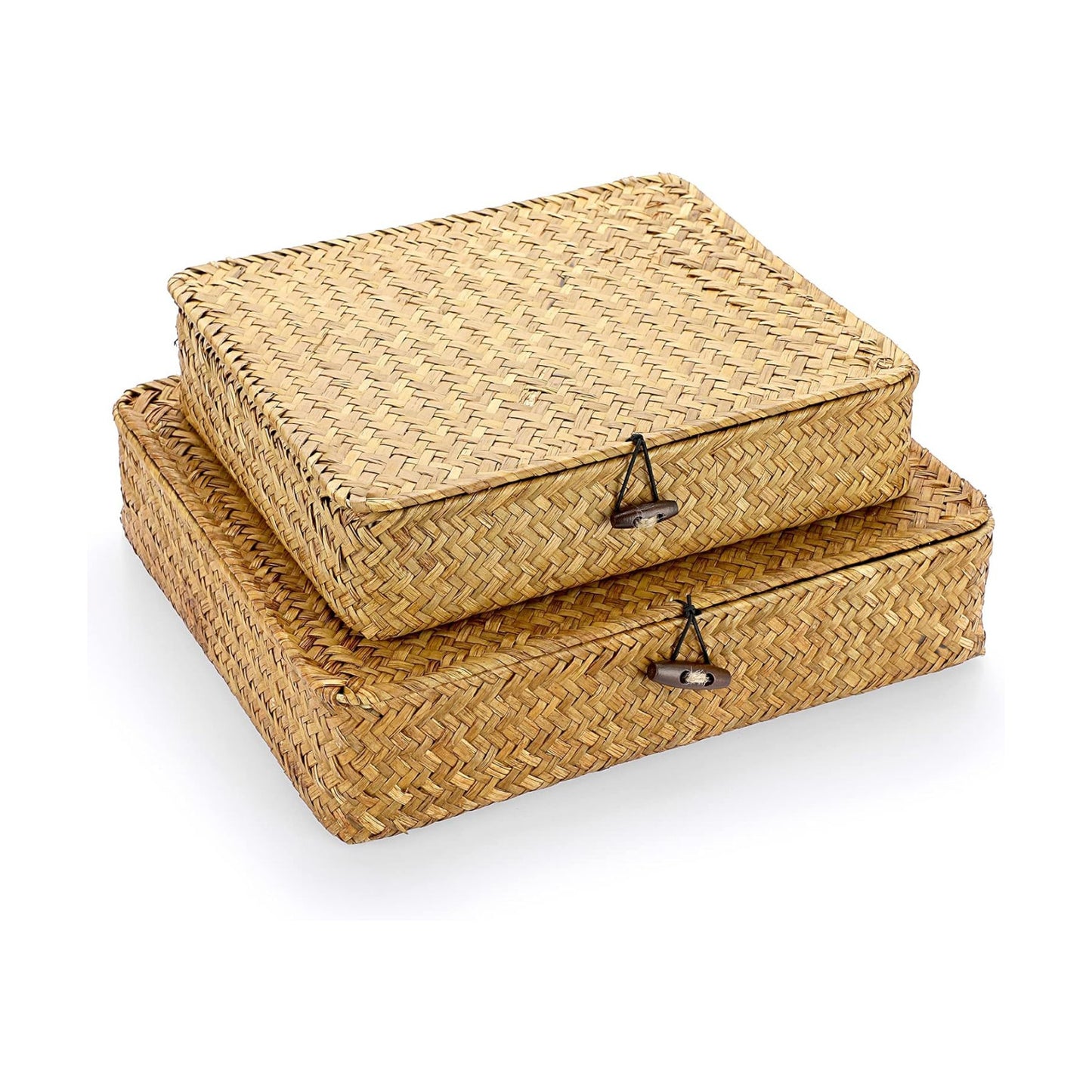 Flat Woven Wicker Storage Bins / Small+large / Caramel / Natural / Set of 2