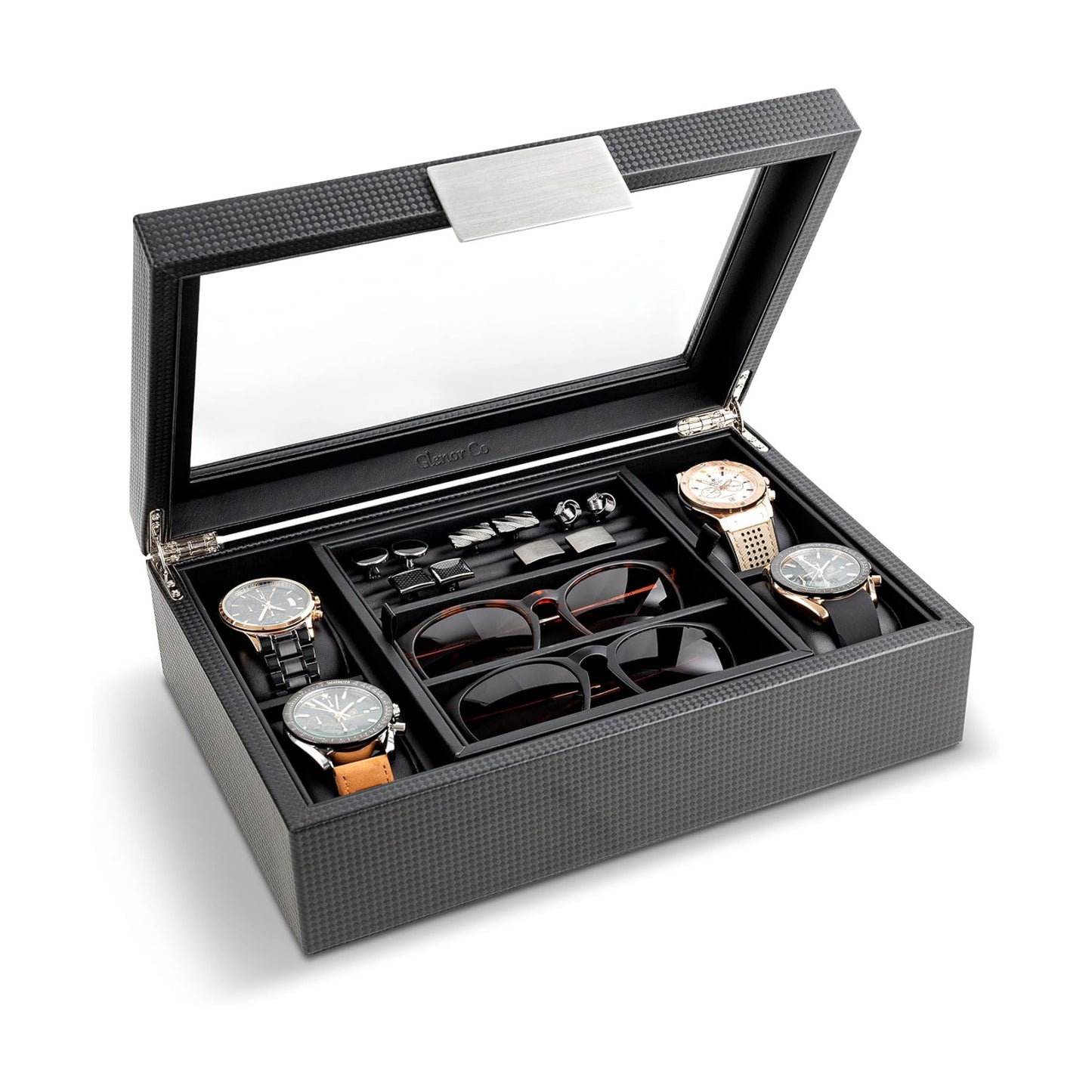 Glenor Co Valet Jewelry Box for Men - Holds 4 Watches, 12 cufflinks, 2 Sunglasses & Tray Storage - Mens Watch Case