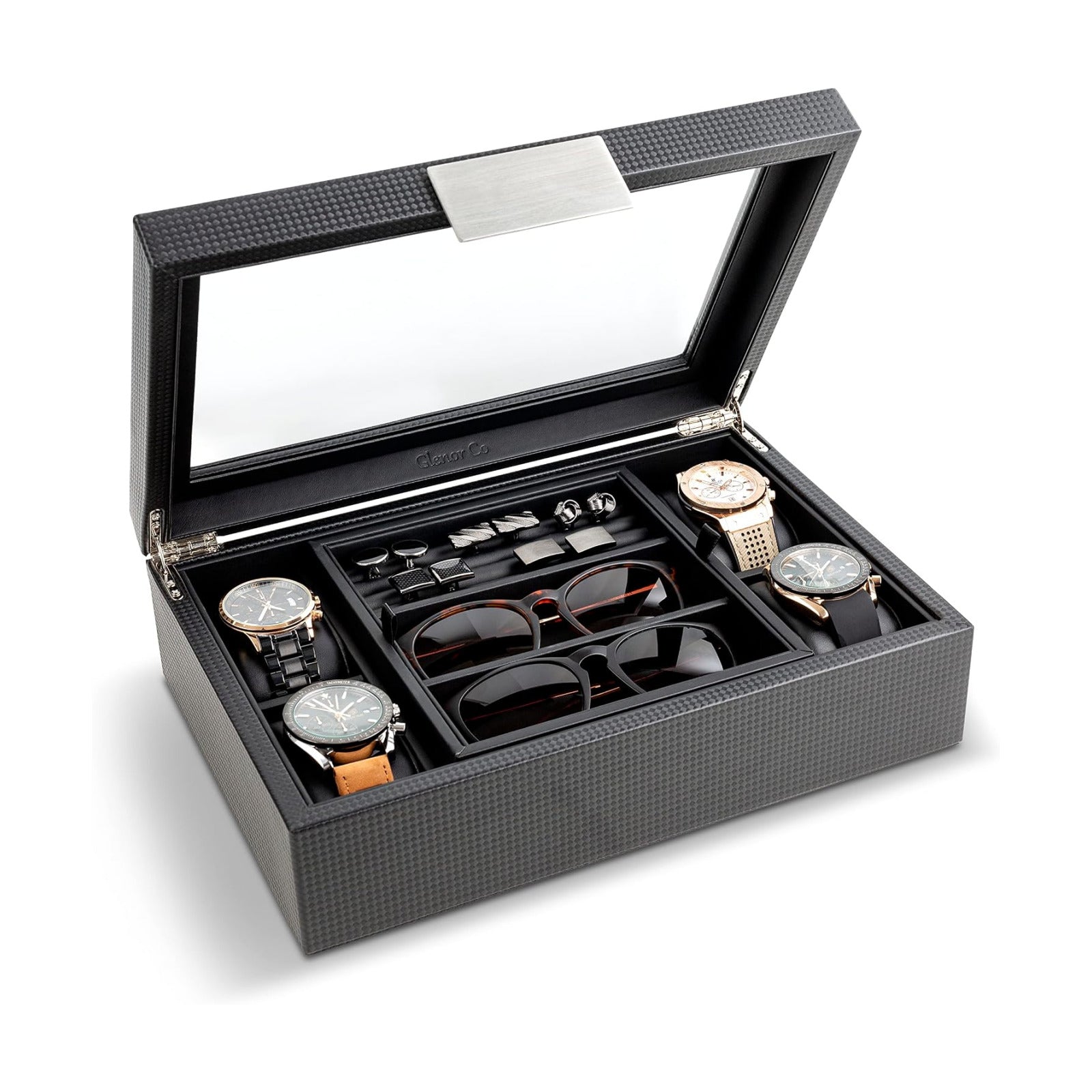 Glenor Co Valet Jewelry Box for Men - Holds 4 Watches, 12 cufflinks, 2 Sunglasses & Tray Storage - Mens Watch Case