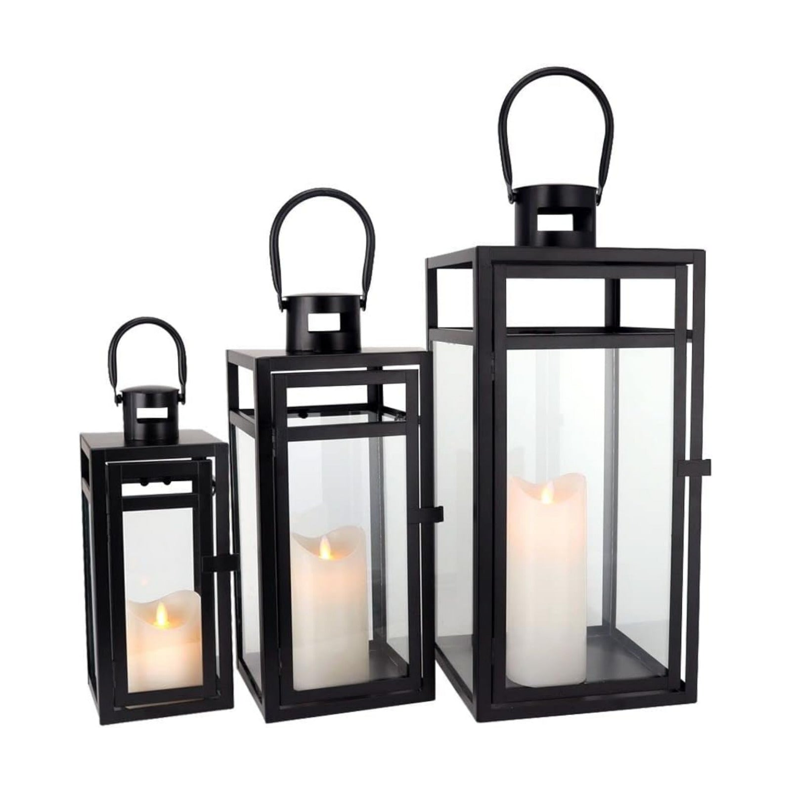 TRIROCKS Stainless Steel Lantern Set of 3 - Assorted Sizes (12/15/19 Inch) - Tall Metal Hanging Lanterns with Clear