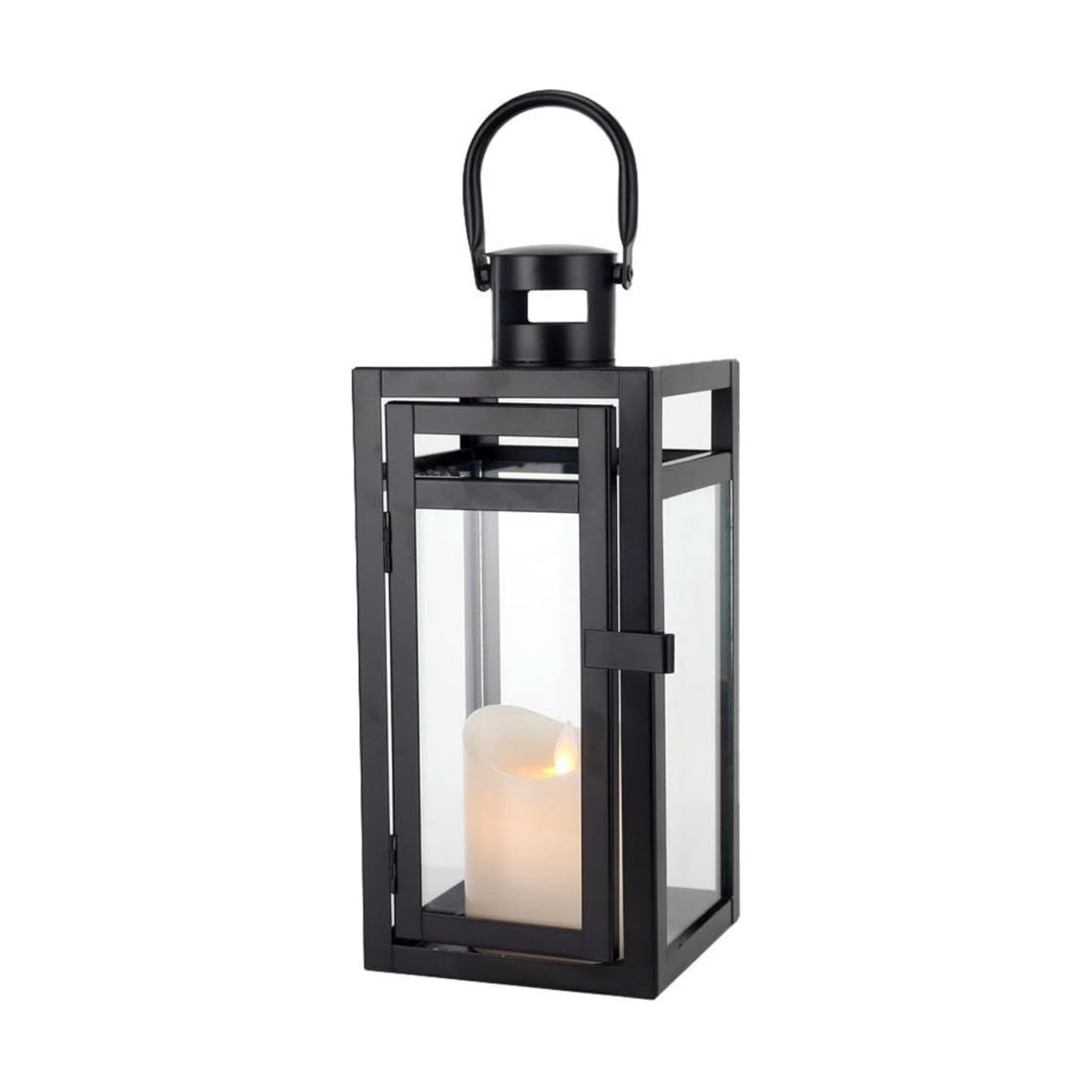 TRIROCKS Metal Candle Lantern 12'' High Decorative Outdoor Lantern Hanging Lantern with Tempered Glass for Christmas