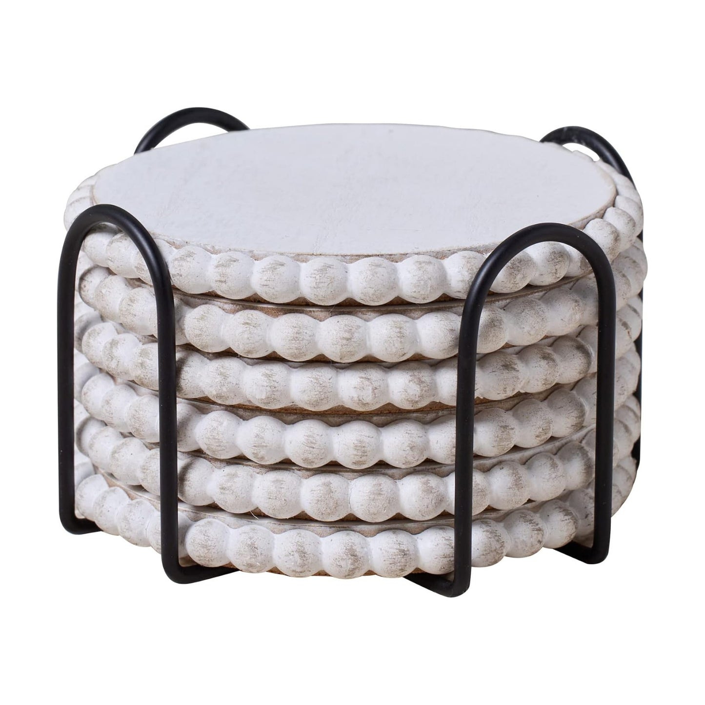 Metal Holder / GENMOUS Farmhouse Wooden Bead Coasters / White / Set of 6