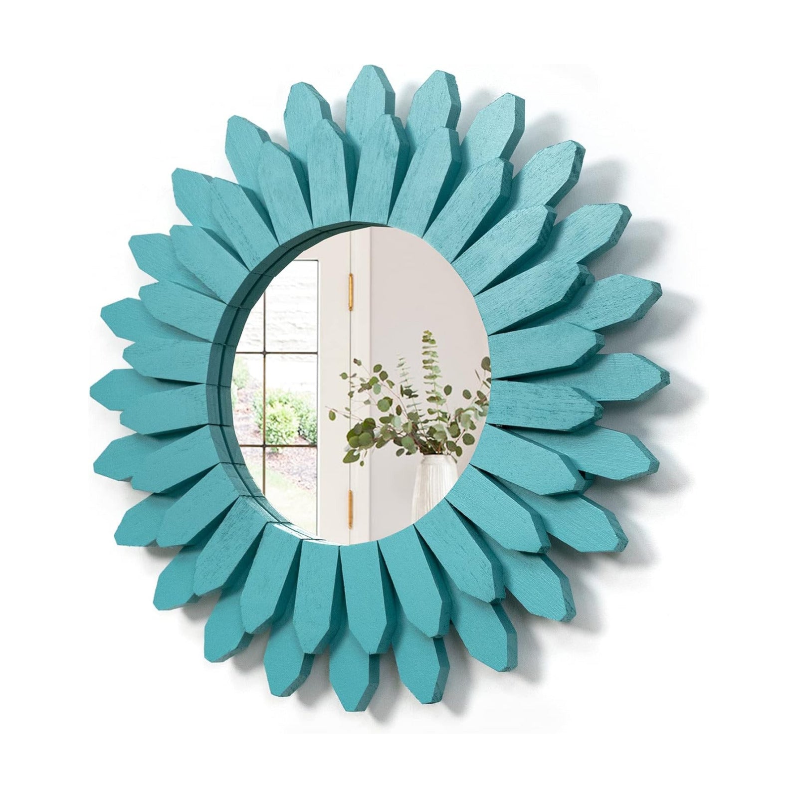 Beach Wall Decor Mirror Wood Coastal Wall Decor Sunburst Boho Home Decor Room Decor / Cyan / 12 Inch