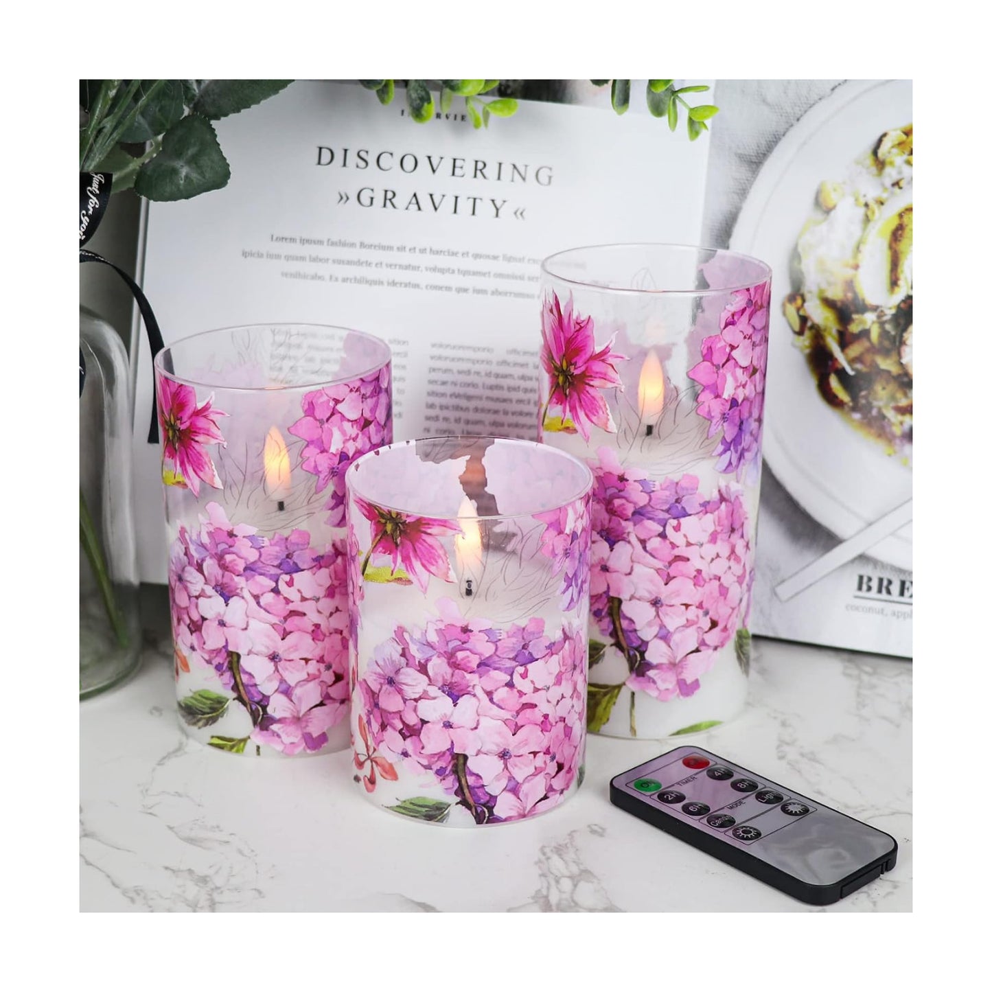 Red Hydrangea Glass Flameless Candles with Remote and Timer | Batttery Operated LED Pillar Candle Flickering, Real Wax
