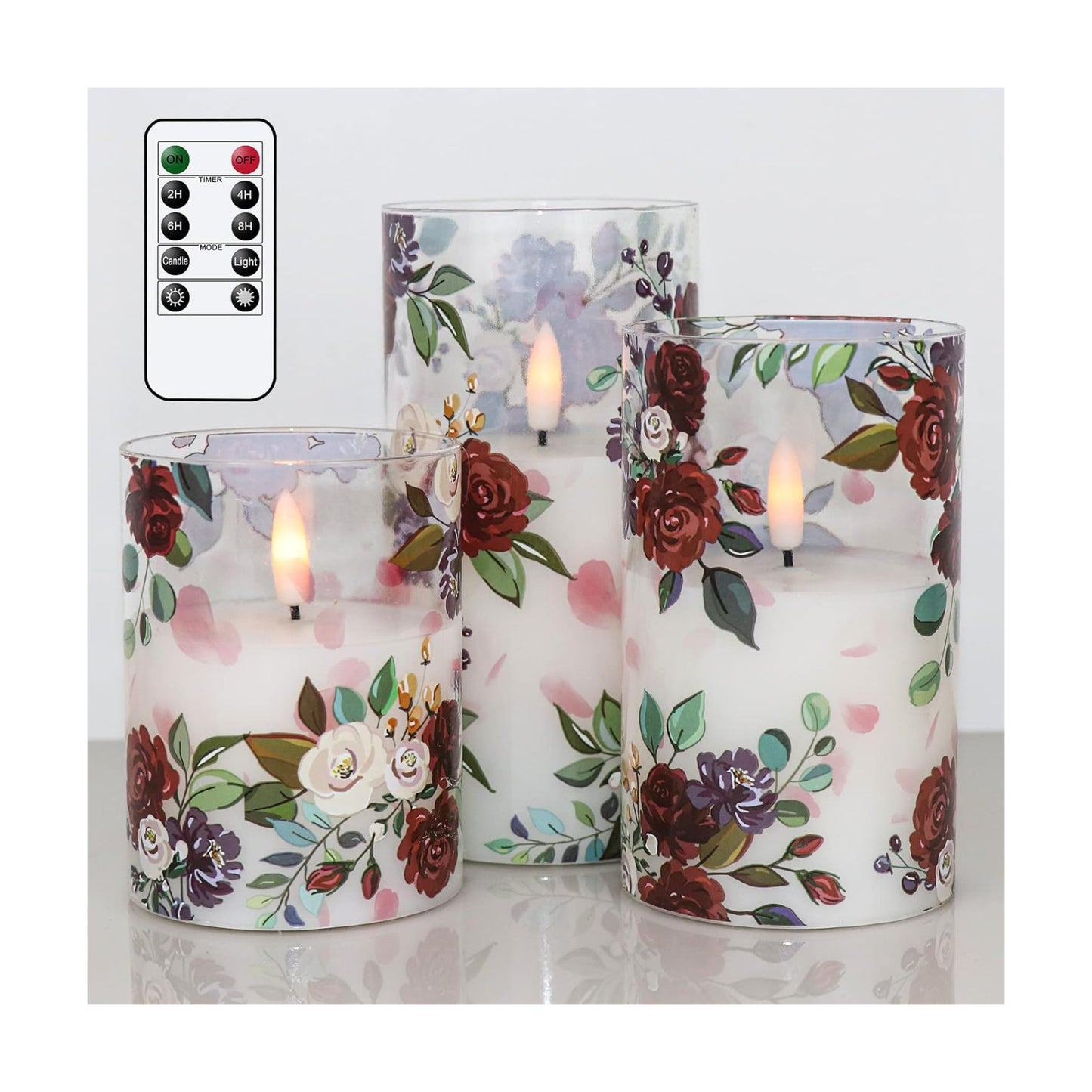 Rose Glass Flameless Candles Battery Operated with Remote Timer | LED Flickering Pillar Candles, Real Wax 400 Hours